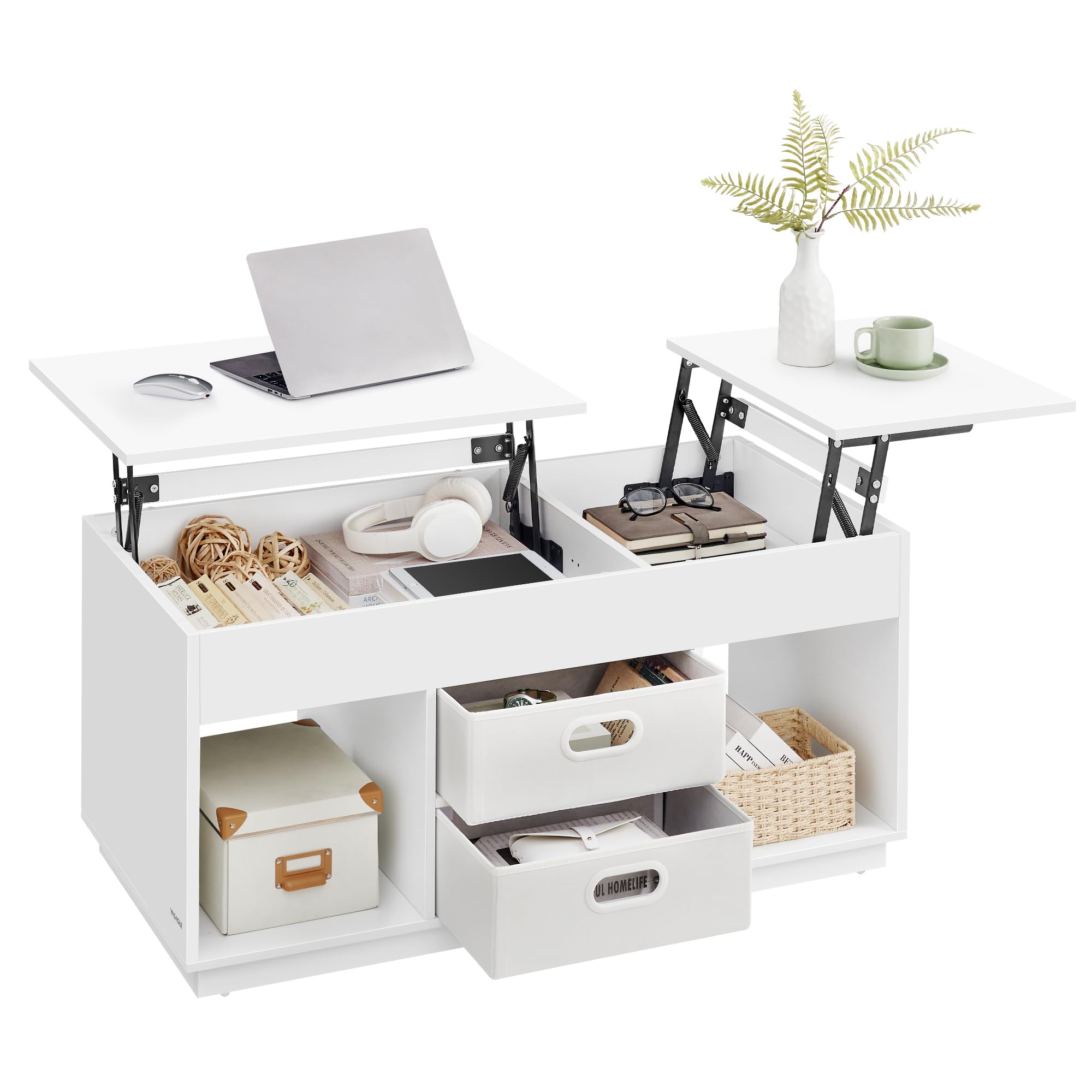 VASAGLE Coffee Table, Lift Top Coffee Table with 2 Drawers and Hidden Compartments, Center Table with Lift Tabletop, Open Compartments, for Living Roo