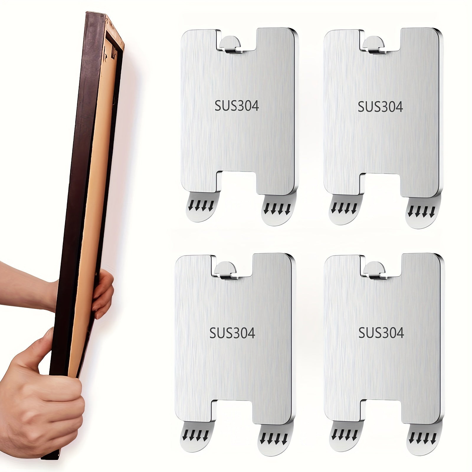 TEMU 4-pack Stainless Steel No-drill Wall Hooks, Wall Mount Hanging Kit For Paintings, Photos, Mirrors - Polished Finish, Versatile Use For Walls,