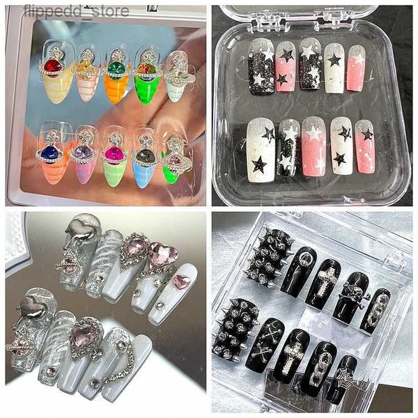 Handmade Y2K Fake With Glue Glittery Butterfly Stars Press On Reusable Long Coffin False Nails Full Cover Nail Tips Q231114