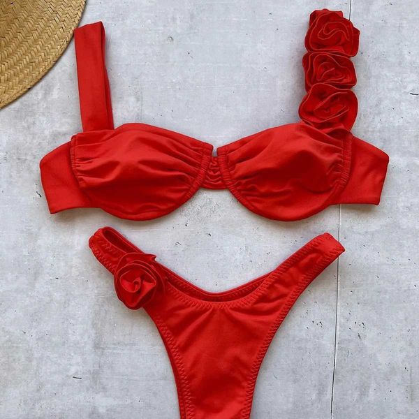 2024 new bikini ropean and American bikini steel holder three-dimensional flower split womens swimsuitXJ241212