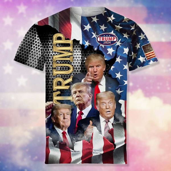 Trump 2024 Gráfico T Mens Clothing 3D America EUA Flag de camiseta