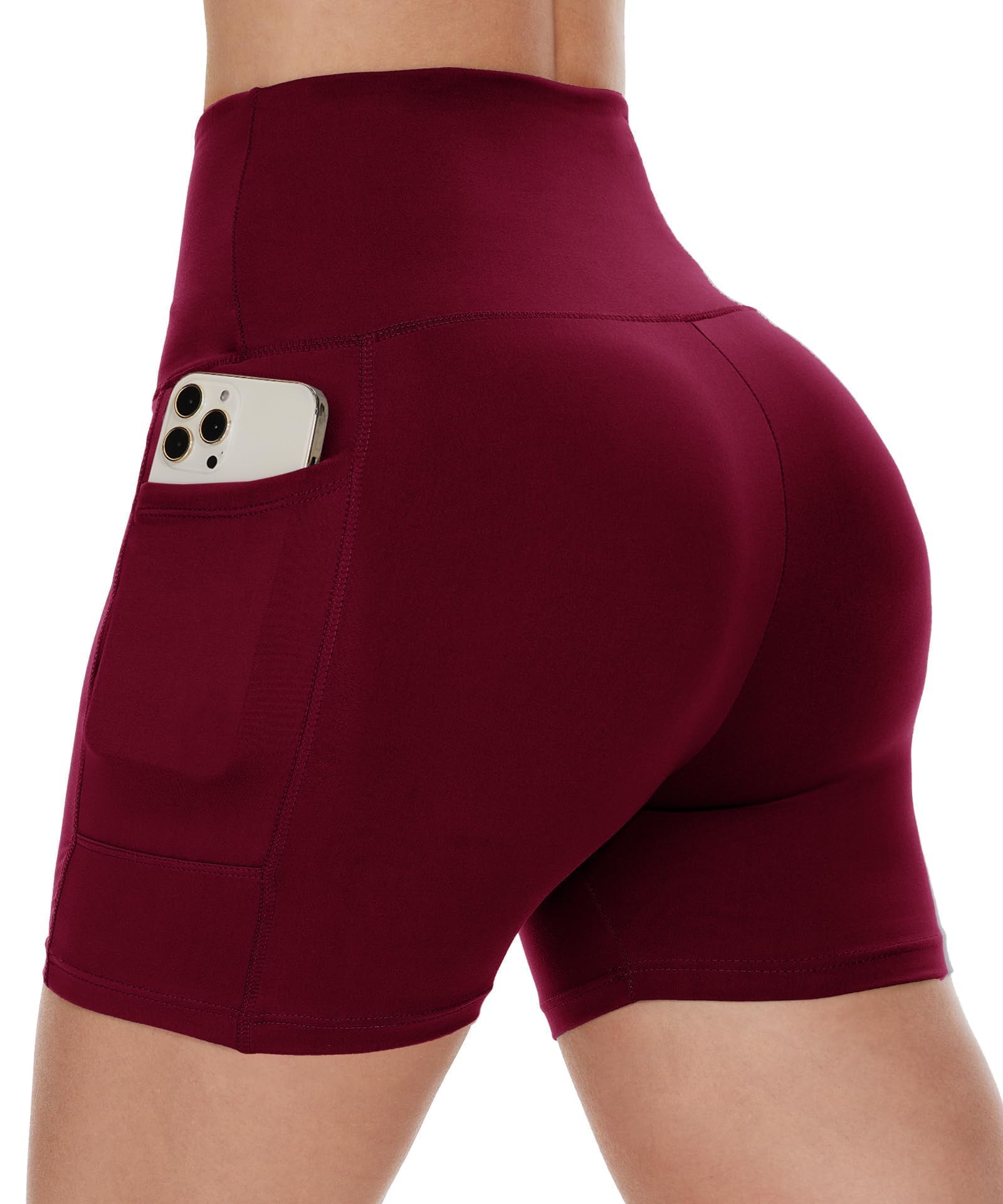 CAMPSNAIL Biker Shorts Women with Pockets - 3"-5"-8" High Waisted Workout Spandex Tummy Control Gym Running Yoga Shorts 5 IN Large-X-Large Burgundy