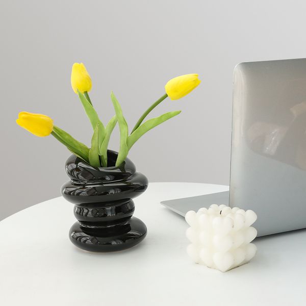 ddmygifts Nordic Ins style black and white ceramic vase flower arrangement art abstract living room foyer dining table home decoration ornam