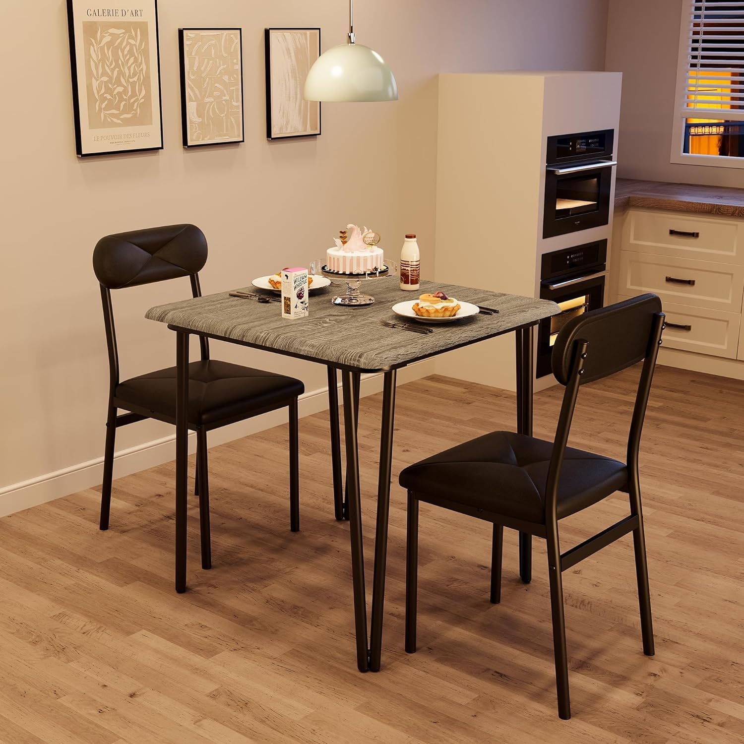 Garvee Kitchen Table Set for 2 + Small Dining Table + Upholstered Seat + MDF Table Top + Metal Frames + Vintage Grain Texture + Home Office