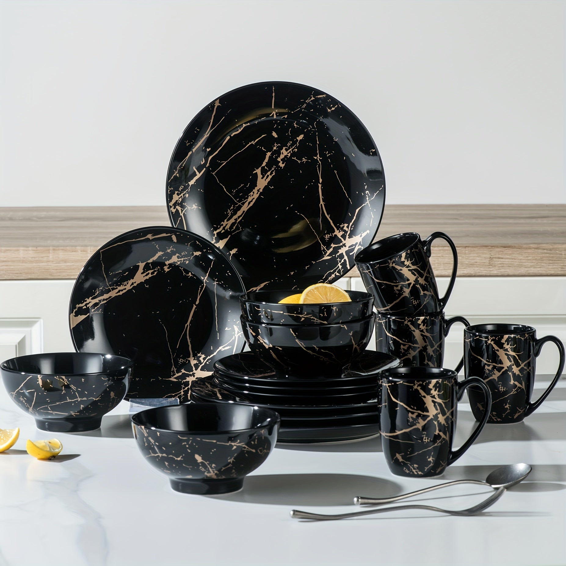 TEMU Black Plates And Bowls Sets For 4, Porcelain Dinnerware Sets 16 Piece Ceramic Dish Set, Round Dinner Set With Mugs, Dishwasher Microwave Safe