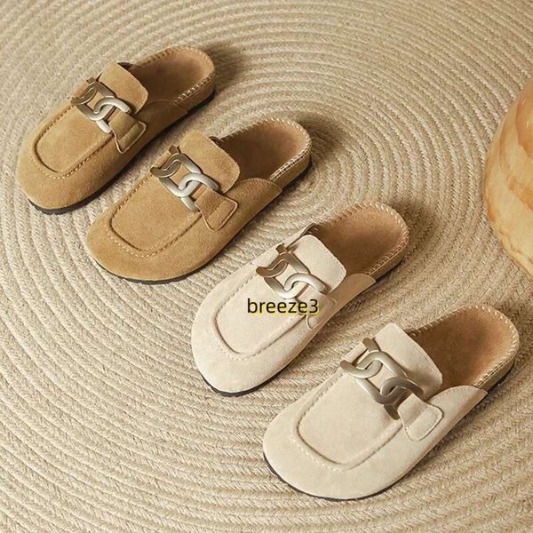 Chain Metal Slippers Woman Nubuck Leather Flat Sandals Cover Toe Mules Femme Cork Slides Outside Clogs Sandalia Ladies Flipps