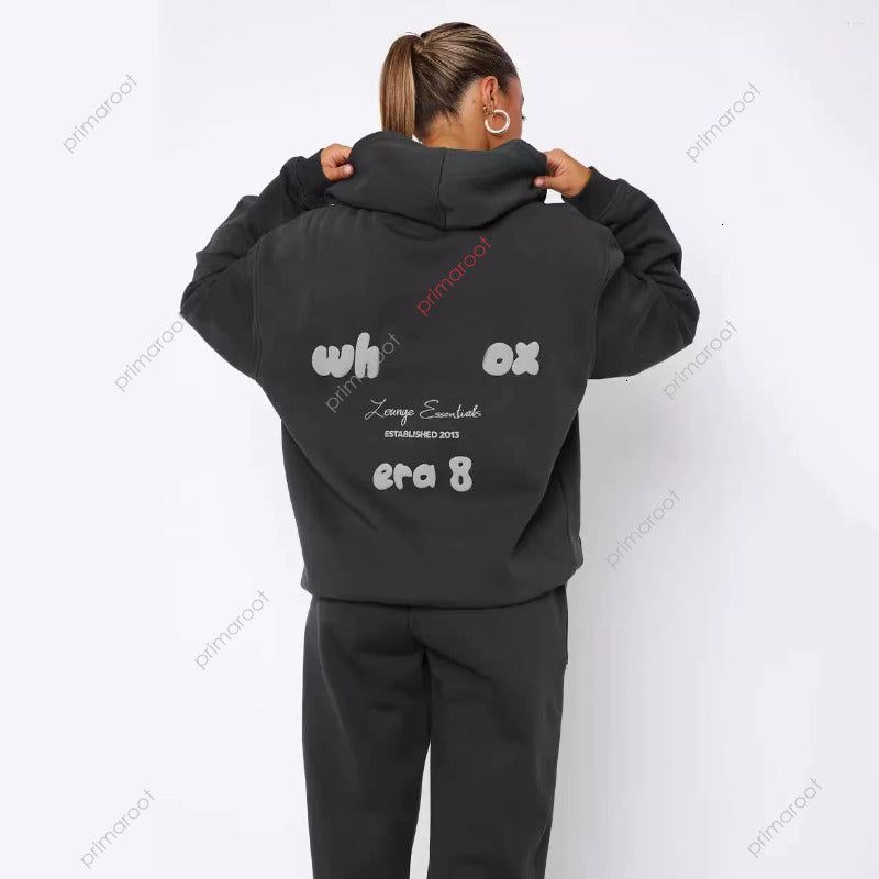 Designer Tracksuits Womens Hoodies Sets Fleeced Letters Printing Loose Hooded Two Piece Sweatpants Jogger Set Sweatsuit Sport Black Fozhoodie White