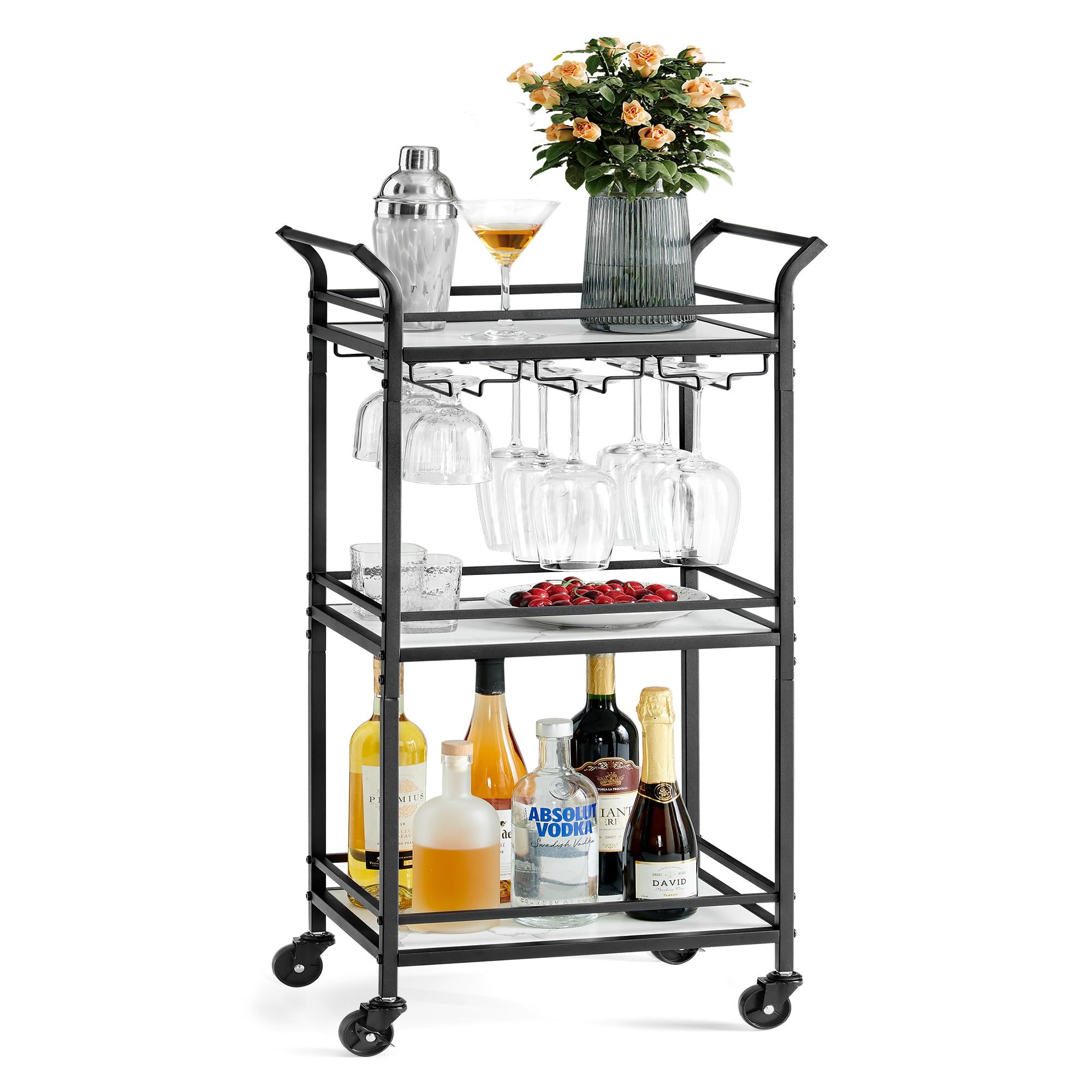 VASAGLE Bar Cart with 3-Tier Shelf, Wine & Glass Holders, Mini Bar for Small Spaces, Black Ink Black Engineered Wood