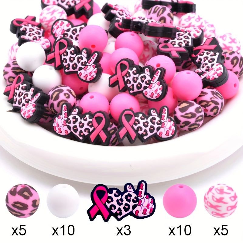 TEMU 33pcs Breast Awareness Leopard Print Silicone Beads- Leopard Print With Breast Ribbon & Thumbs - Versatile , Earrings, Necklaces, Keychains, And