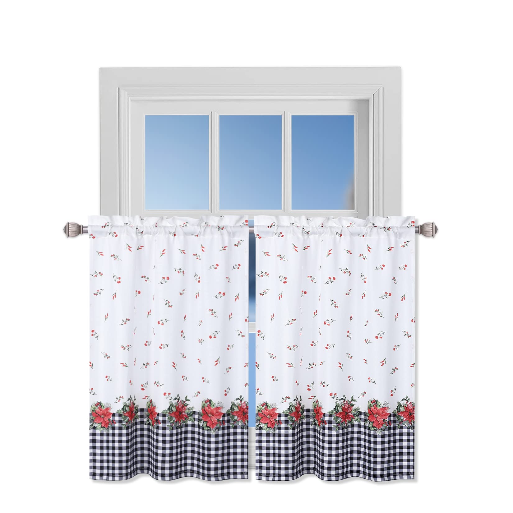 Garvee Set of 2 Xmas Curtains for Kitchen Black and White Plaid with Flower Printed Decorations Kitchen-Cafe and Bath Tiers Washable Set of 2 Small Cu