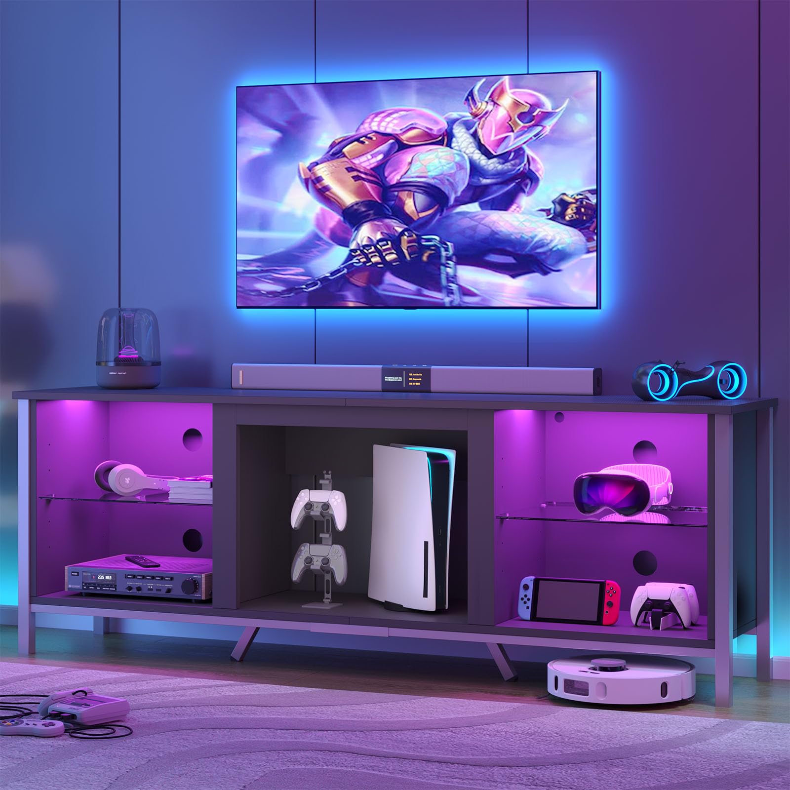 Bestier TV Stand for 75 Inch TVs, Led Gaming Entertainment Center for PS5, Console With Led Lights & Adjustable Shelves, Modern Cabinet for Living Roo