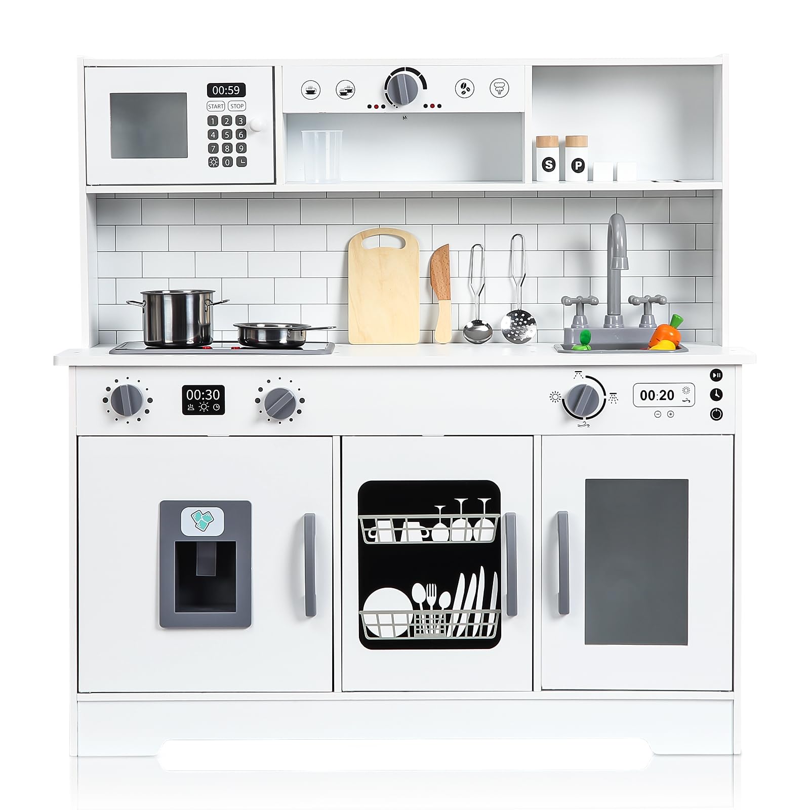 Garvee Wooden Play Kitchen - Kids Kitchen Playset with Cookware Accessories, Microwave, Oven, Sink, Real Lights & Sounds - Perfect for Chef Pretend Pl