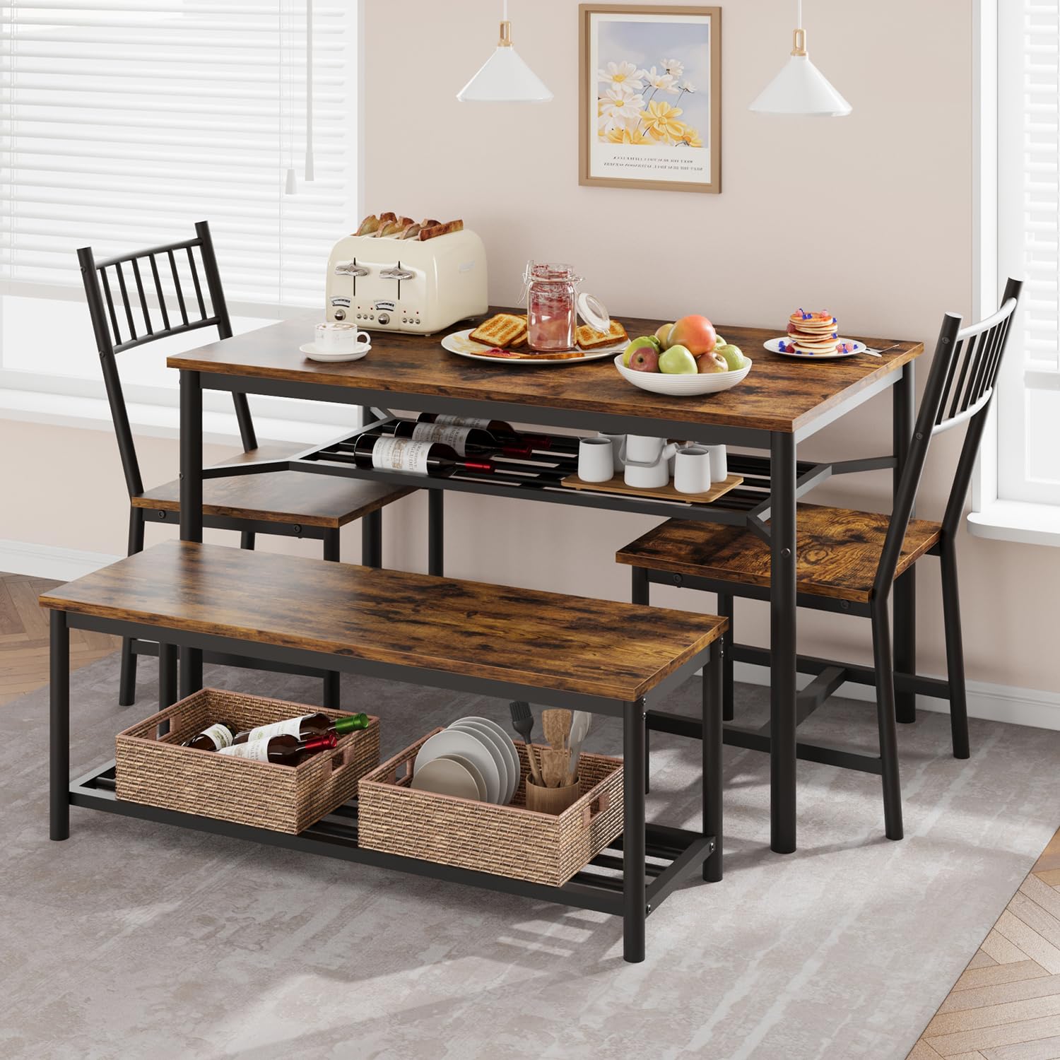 Garvee Dining Table Set for 4, Kitchen Table and Chairs for 4 with Wine Rack, Rectangular Dining Room Table Set with Bench, 4 Piece Dining Table Set f