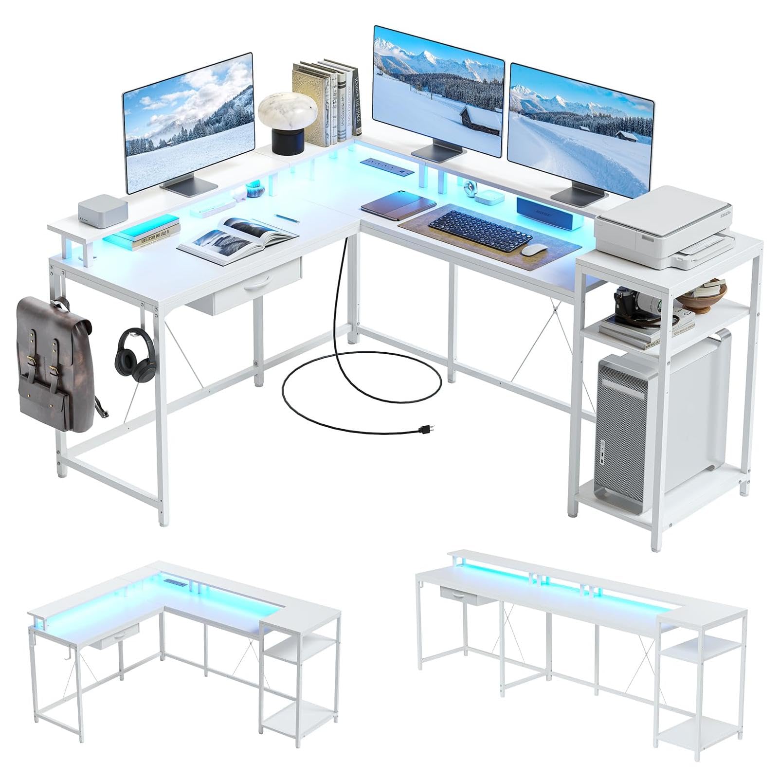 Garvee 68" L Shaped Gaming Desk with Power Outlets & LED Lights, Home Office Desk with File Drawer, Monitor Shelf, Hook, Reversible Design, MDF & Stai