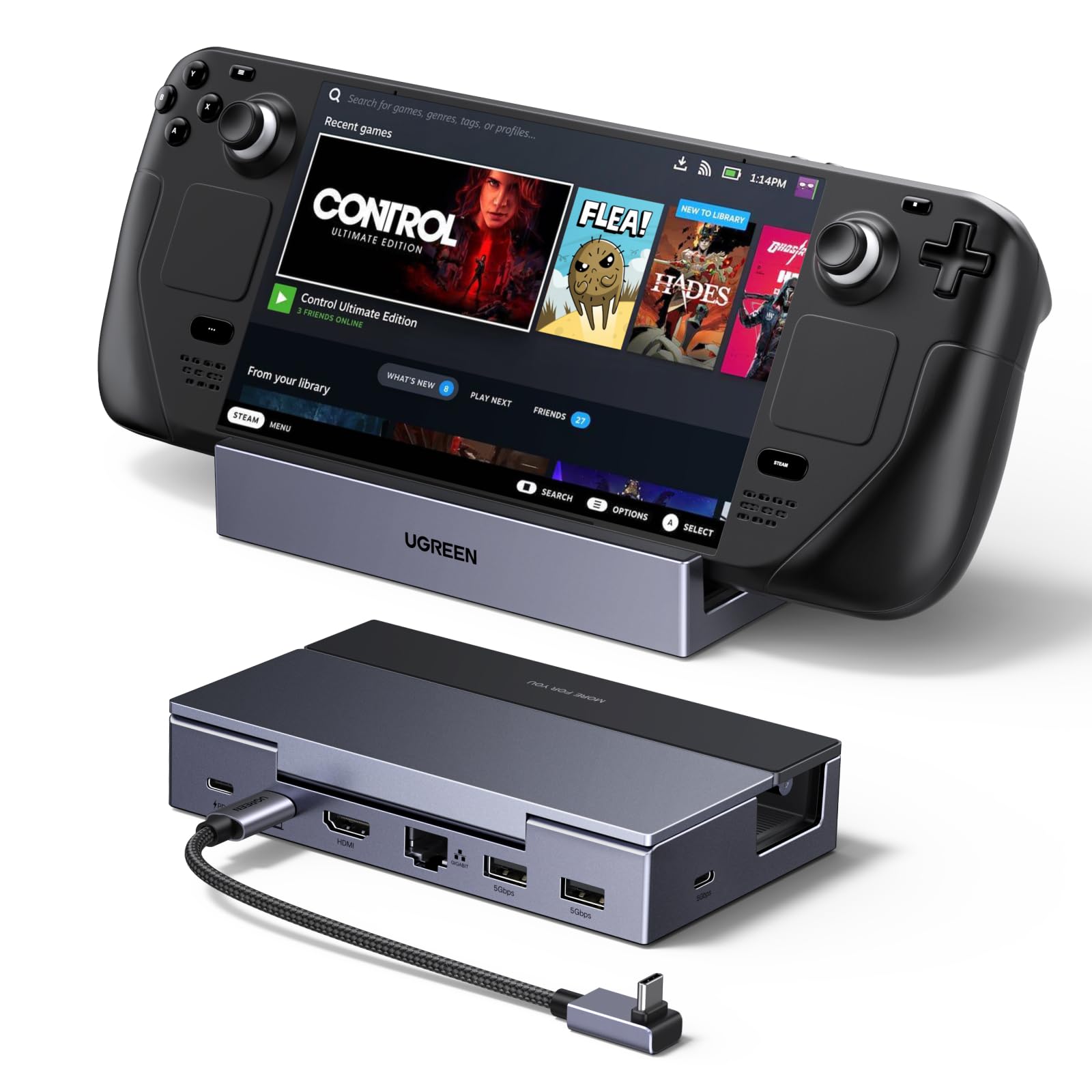 UGREEN Steam Deck Dock mit HDMI 4K@120Hz, Verstellbares Docking Station mit 5Gbps USB A & USB C 3.0, 100W PD-Ladung, 1Gbps Ethernet, Kompatibel mit St