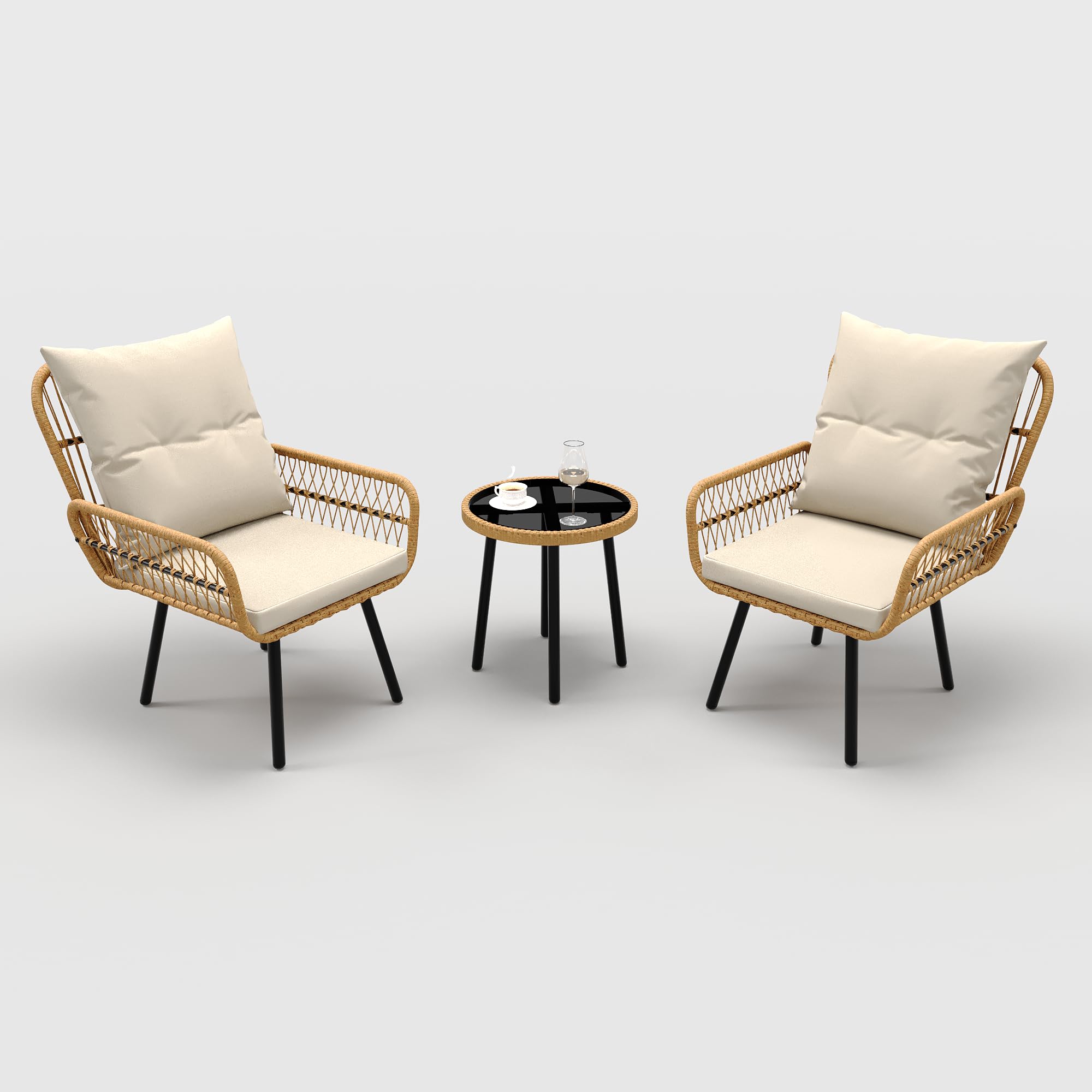 Garvee 3 Piece Outdoor Wicker Patio Bistro Set, Rattan Conversation Set with Glass Top Coffee Table and Cushioned Chairs, All-Weather Balcony Furnitur