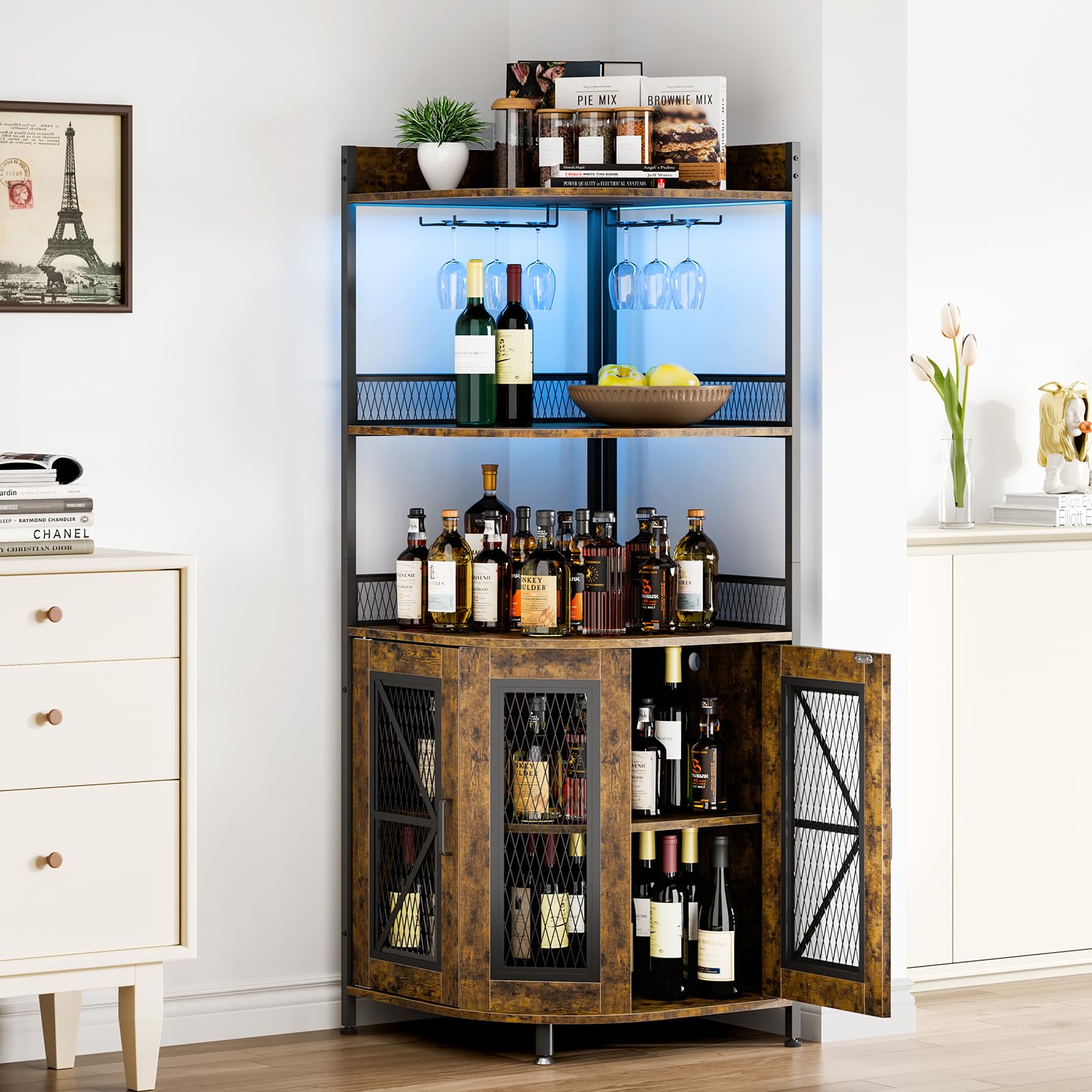 Garvee Corner Bar Cabinet with Charge Oult, 5-Tiers Wine Cabinet with LED Light and Glass Holder, Tall Home Liquor Cabinet for Living Room, Corner Dis