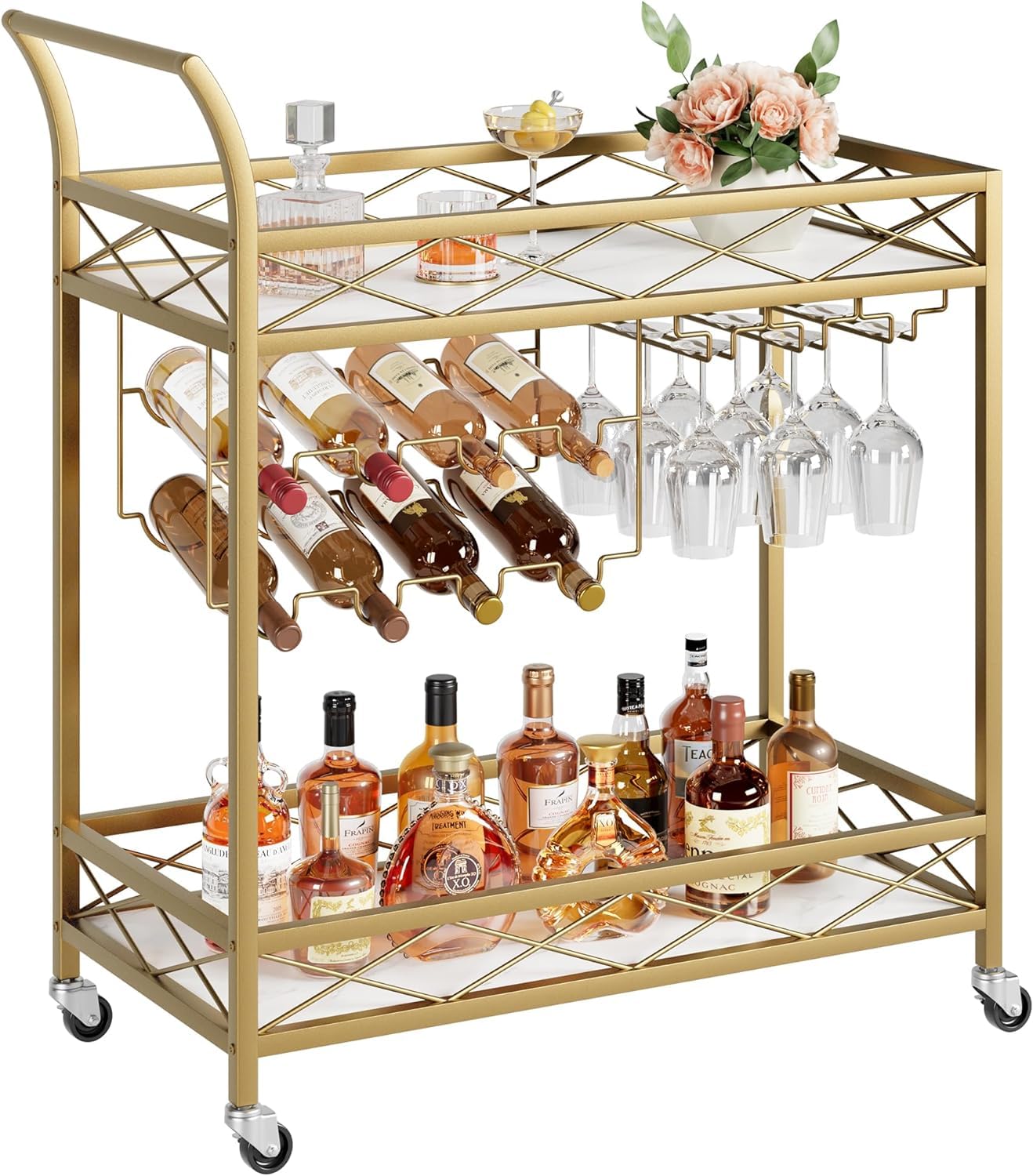Gold Bar Carts with 2-Tiers Storage Shelves, Home Bar Serving Cart, Wine Cart with 2 Marbled Shelves, Wine Holders, Glass Holders, for Kitchen, Living