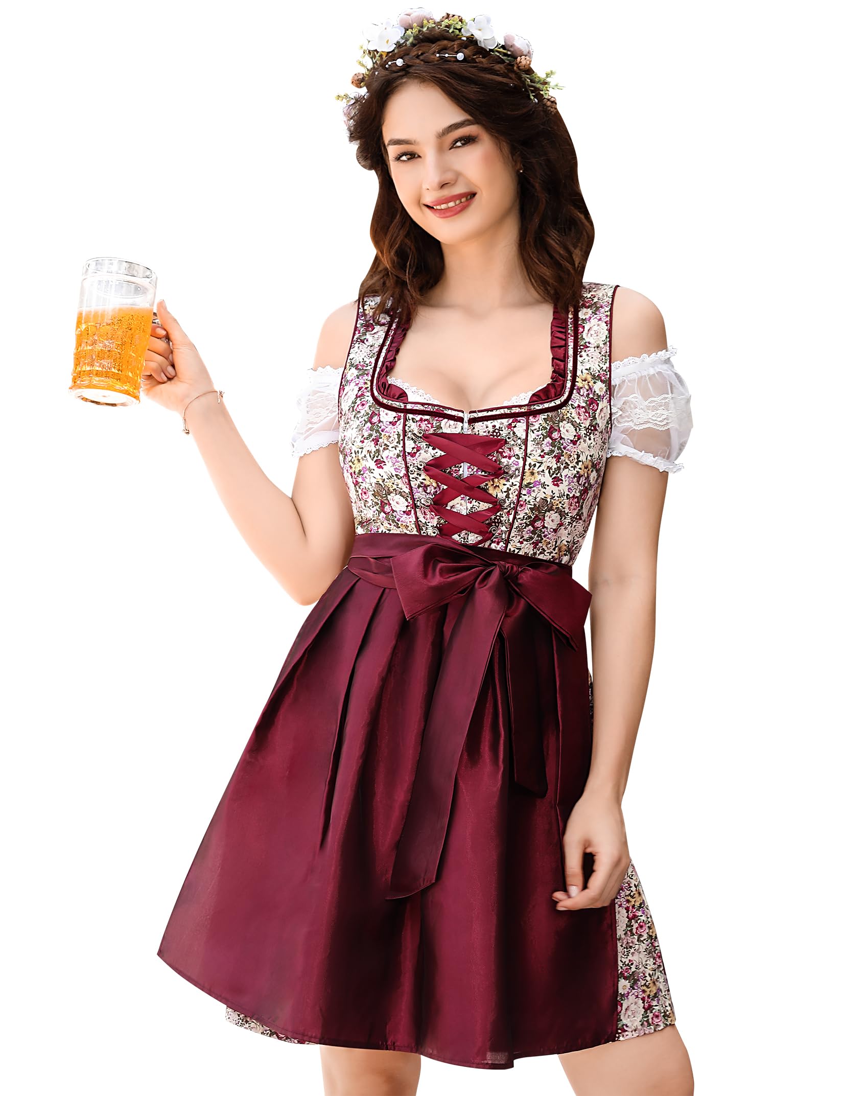 Garvee Women German Dirndl Dress Traditional Bavarian Beer Garden 3 Pieces Oktoberfest Costume Summer Red M