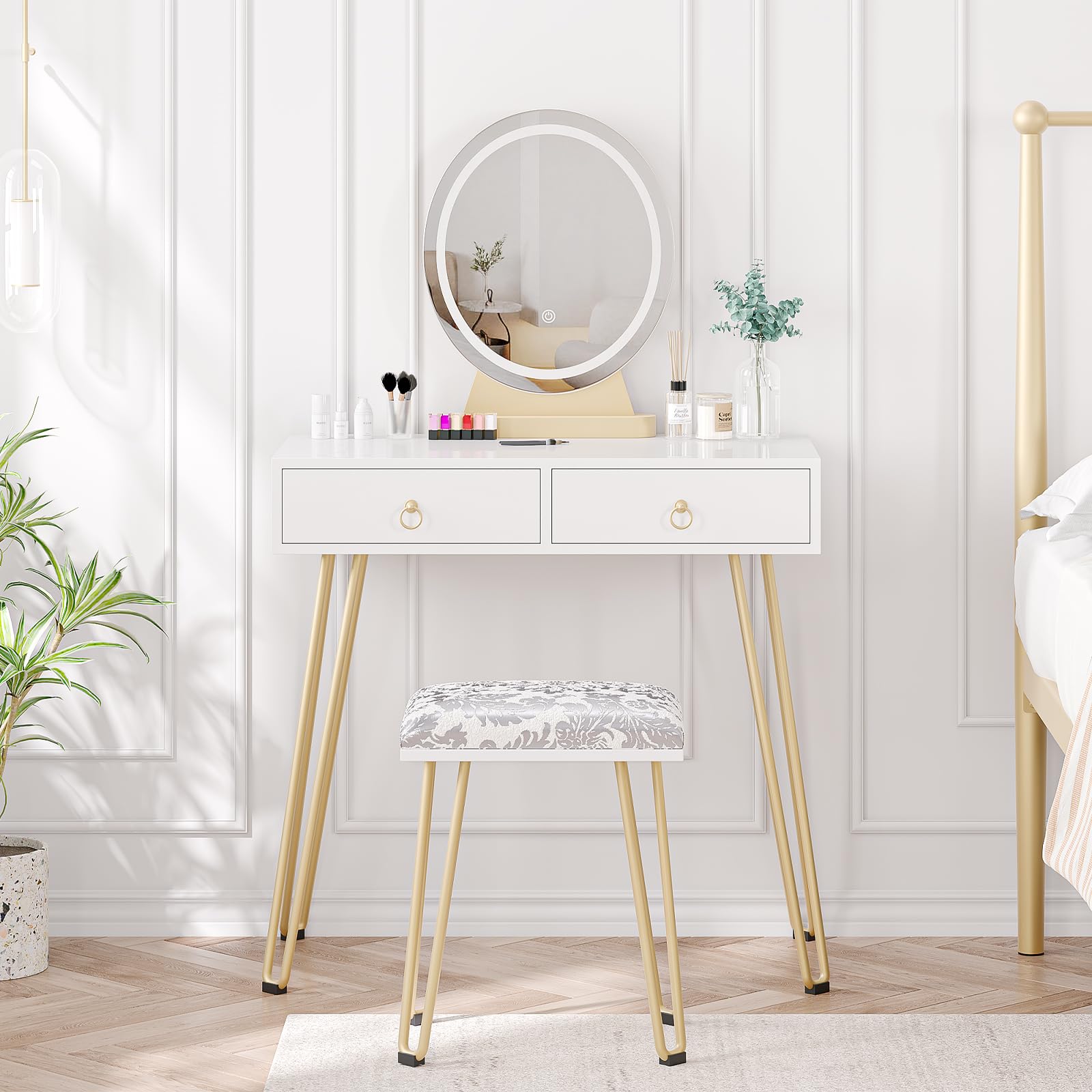 Garvee Vanity Desk, Makeup Vanity Desk with Touch Light Mirror, Makeup Table with Stool and 2 Drawers, White