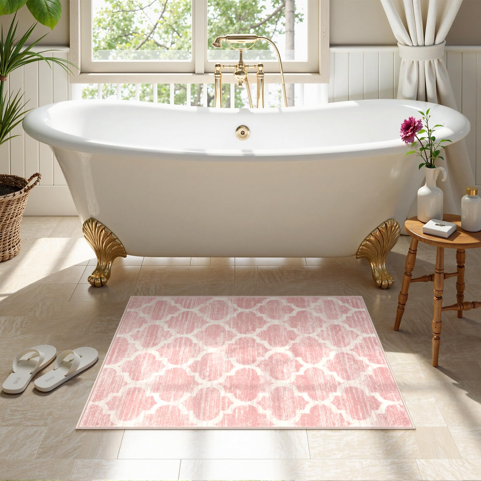 Lahome Moroccan Washable 2x3 Rugs Pink Bathroom Rugs Non-Slip Bathroom Mats,Kitchen Rugs Throw Kids Nursery Rug, Small Soft Girls Dorm Bedside Rug Mod