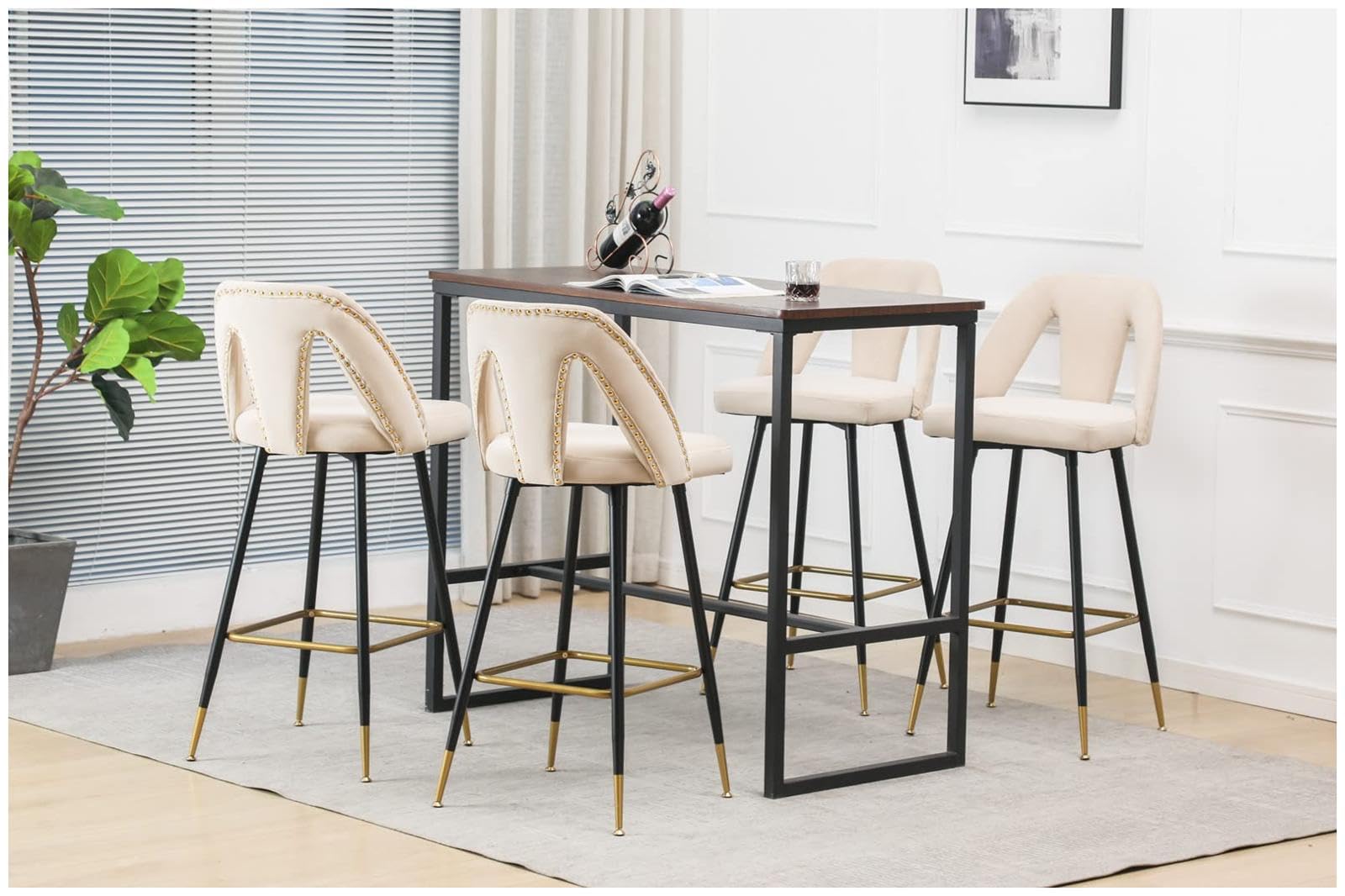 Garvee Velvet Upholstered Bar Stools Set of 2 with Nail Head Decoration, Counter Height, Beige