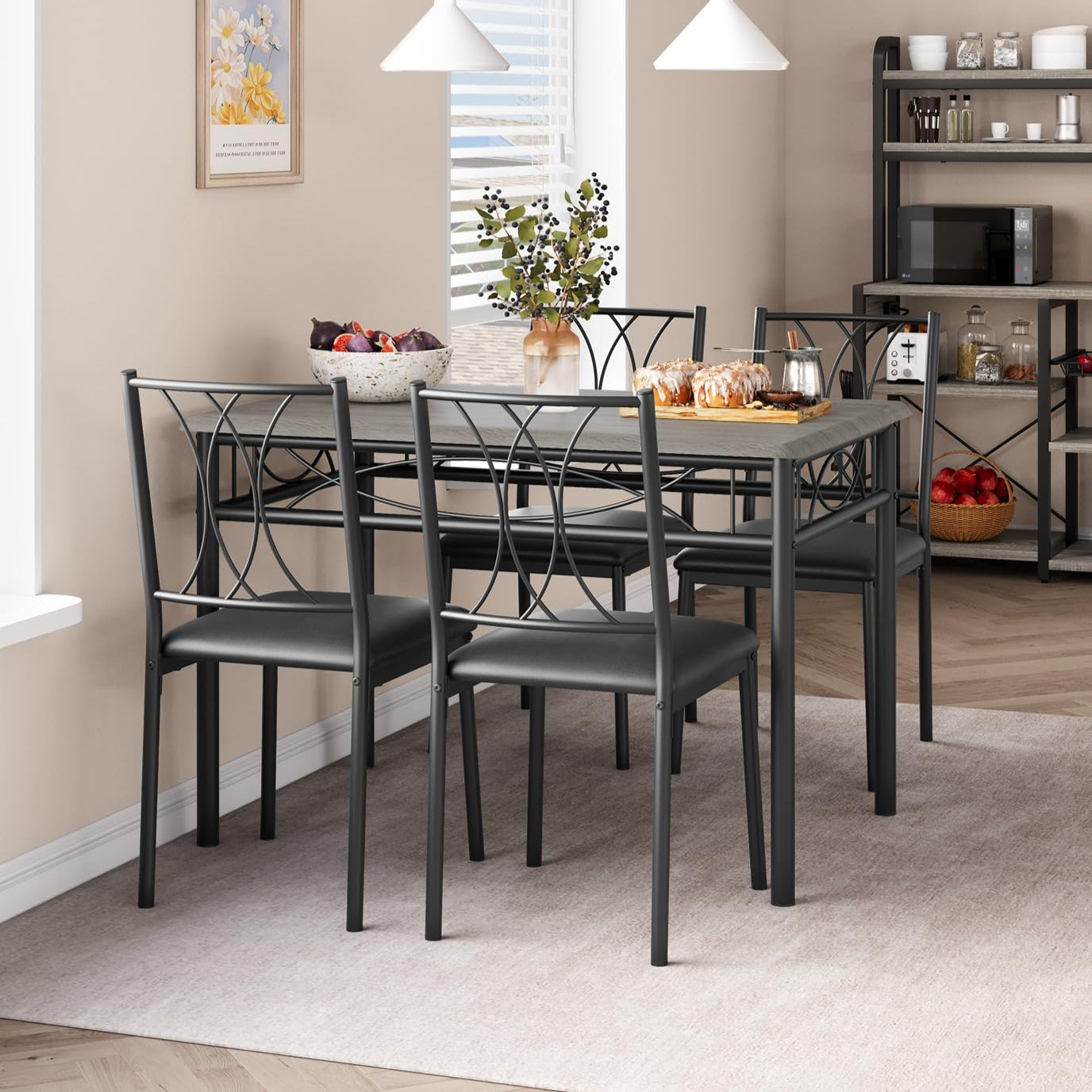 Garvee Dining Table Set 5 Pieces for 4, Solid Metal Frame, Upholstered Chairs, MDF Top, Space Saving, Retro Gray, Small Spaces, Apartment