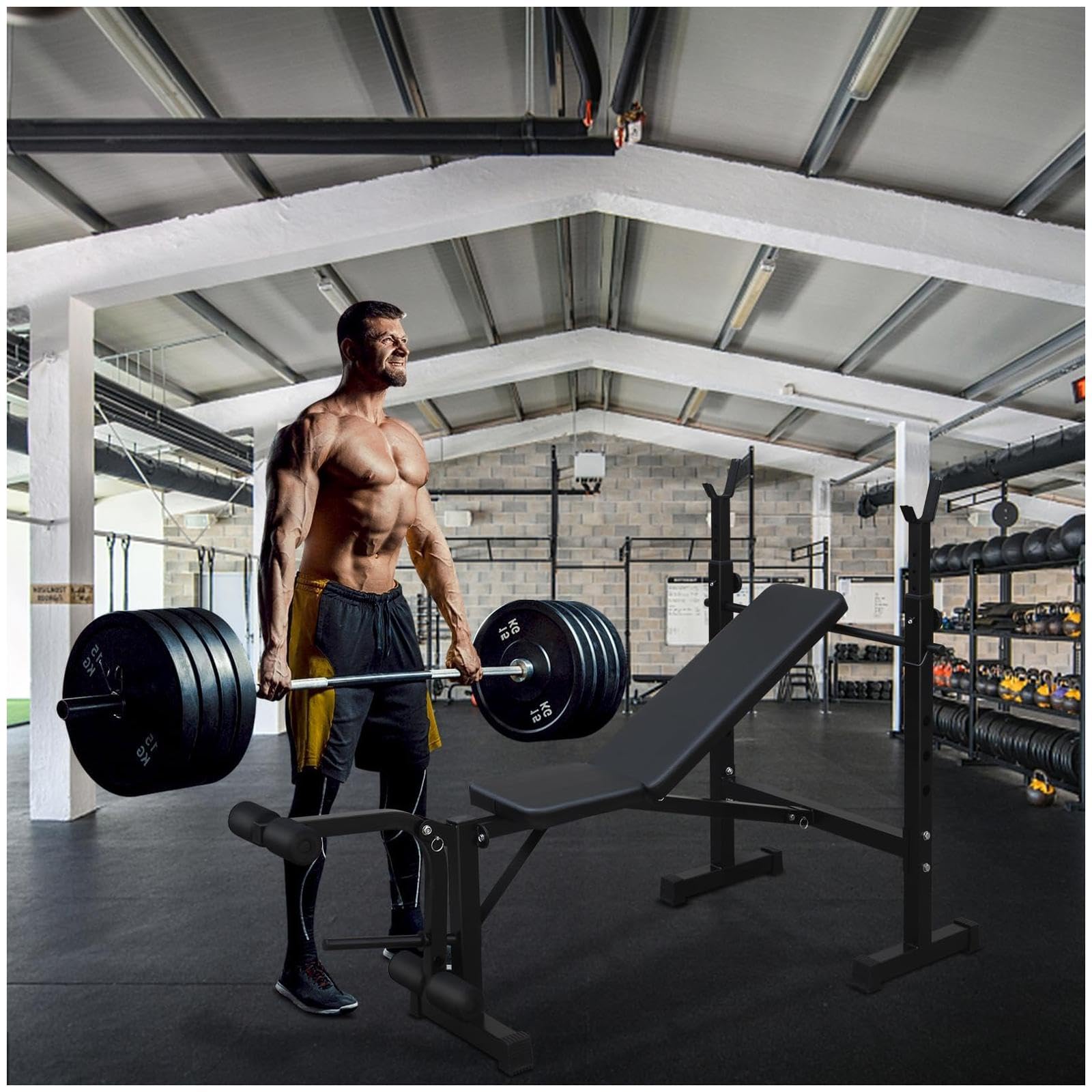 Garvee Olympic Adjustable Weight Bench Set + Bench Press with Squat Rack + Thickened Metal Tubes + Preacher Curl Pad + Soft Leather Cushion + Foldable