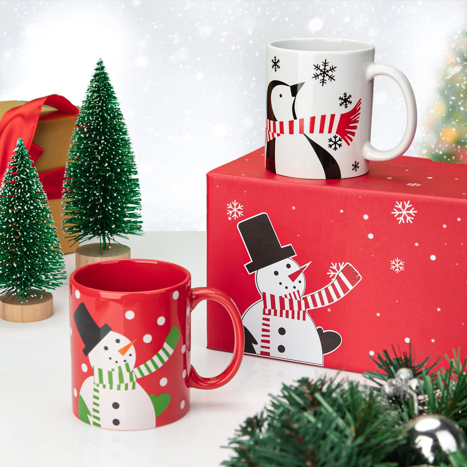 Garvee 2 Pcs Ceramic Christmas Mugs, Premium Merry Christmas Gifts, 12 oz Red and White Mugs with Handle, Microwave Safe for Coffee Tea Cocoa Milk Cer
