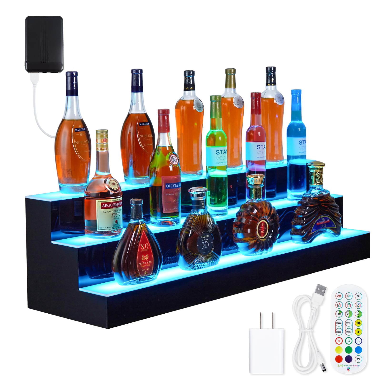 Garvee LED Lighted Liquor Bottle Shelf, 3 Tier 30 Inch LED Bar Shelves for Liquor Bottles, Acrylic Liquor Shelf with Wine Holder Slots, 16 Colors, 4 M