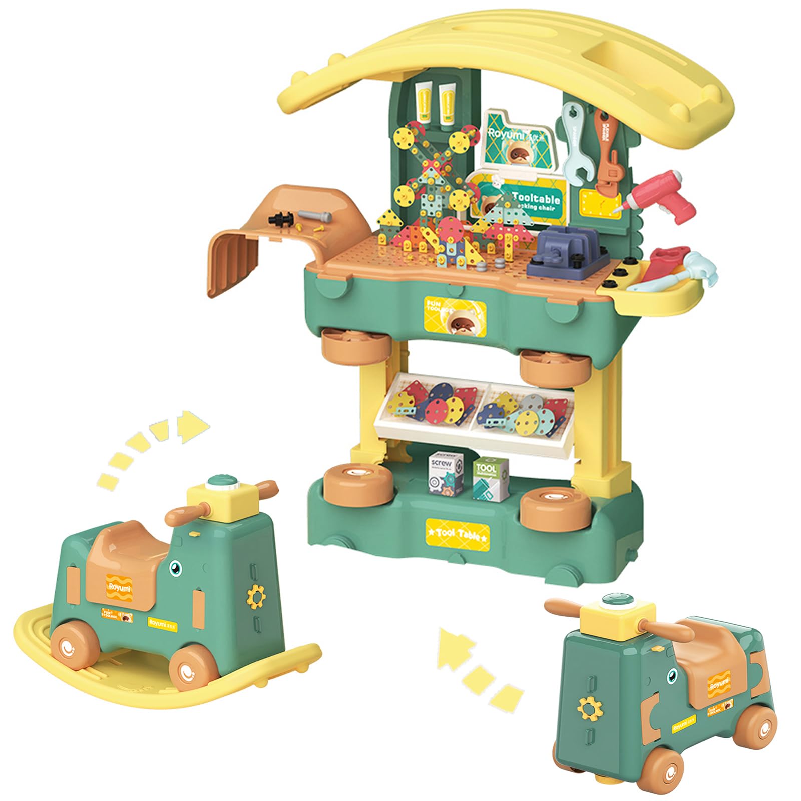 Garvee 3 in 1 Toddler Kids Tool Bench Set,Rocking Toy,254 Pcs Pretend Play Toddler Toy Tools with Realistic Accessories,Construction Tool Kit Toys Gif