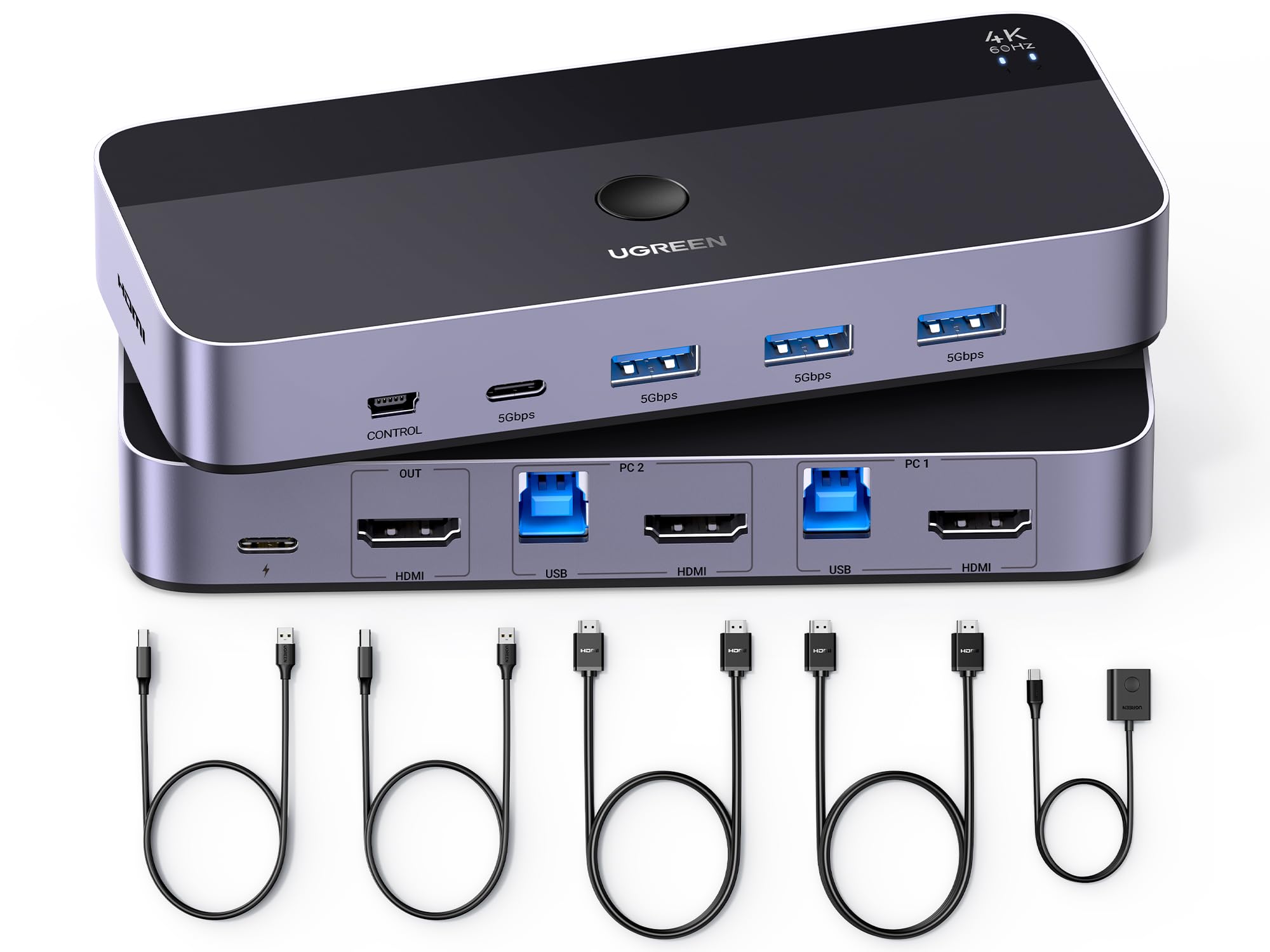 UGREEN HDMI KVM Switch 1 Monitor 2 Computers, with 4 USB 3.0 Ports 4K@60Hz KVM Switches for 2 Computers Sharing One Monitor Keyboard Mouse Printer wit