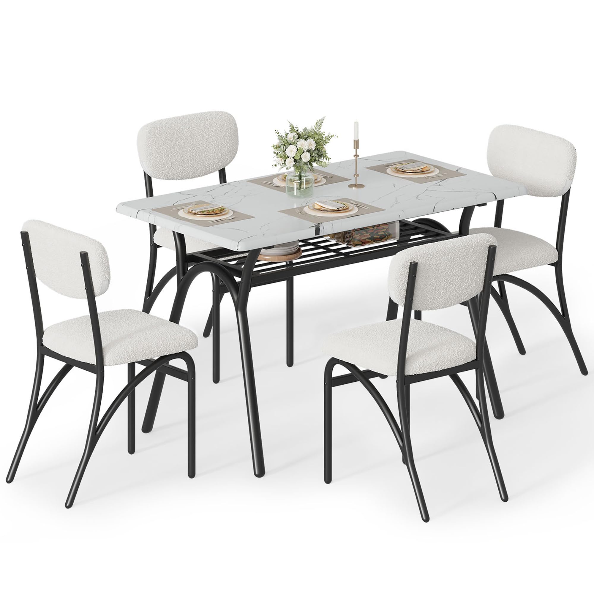 Garvee Dining Table Set for 4, Kitchen Table with Boucle Chairs for 4, Modern Rectangular Dining Table with Storage Rack for Small Space, Beige & Marb