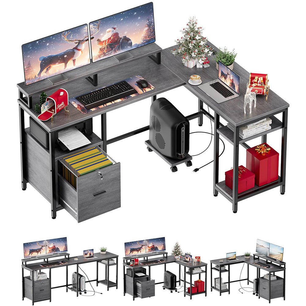 Garvee L Shaped Computer Desk 67" Reversible Gaming Desk with Power Outlet, File Drawer, 2 Monitor Stands, Adjustable Storage Shelf, Rustic Gray, Home