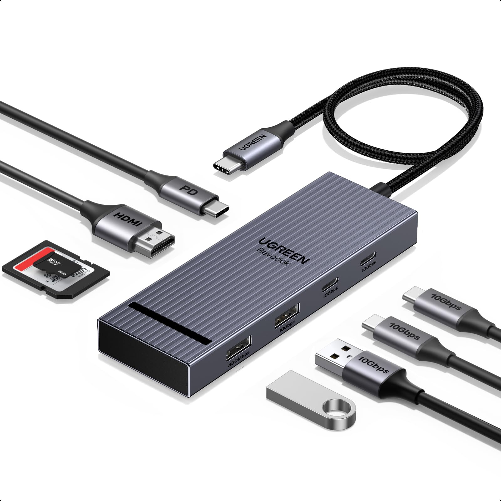 UGREEN Revodok Pro 108 10Gbps USB C Hub, USB C Adapter mit HDMI 4K@60Hz, Docking Station mit USB 3.2 10Gbps, SD-TF Kartenleser, PD 100W Kompatibel mit