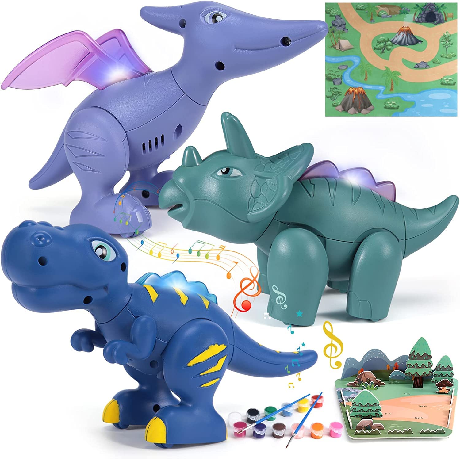 Garvee Magnetic Dinosaur Toys for Kids 3-5, Take Apart Dinosaur Toys with Light, Roar Sound, Play Mat & Painting Kit, Kids Trex Dinosaur Toys Christma
