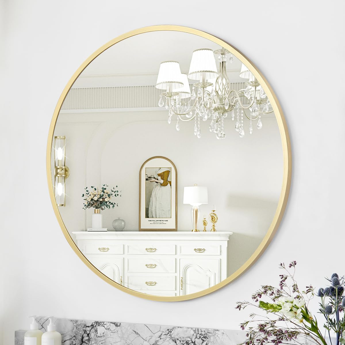 Garvee Round Gold Mirror, 20 inch Circle, HD Eco-Friendly, Matte Black Metal Frame, Easy Install, Hallway, Living Room
