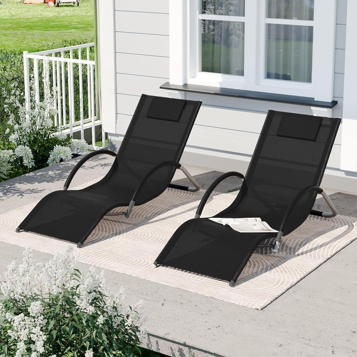 Garvee Patio Lounge Chairs Set of 2 - Outdoor Chaise Lounge Chairs With Headrests Iron Pool Chaise Lounges for Pool Garden Beach and Backyard
