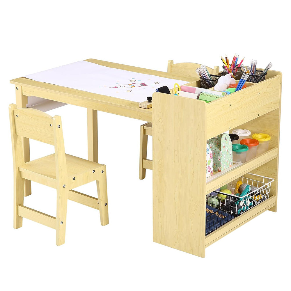 Garvee Kids Art Table with 2 Chairs, Toddler Craft Play Wood Activity Desk with Large Storage Shelves,Wood Activity Desk for Writing Drawing Suitable 