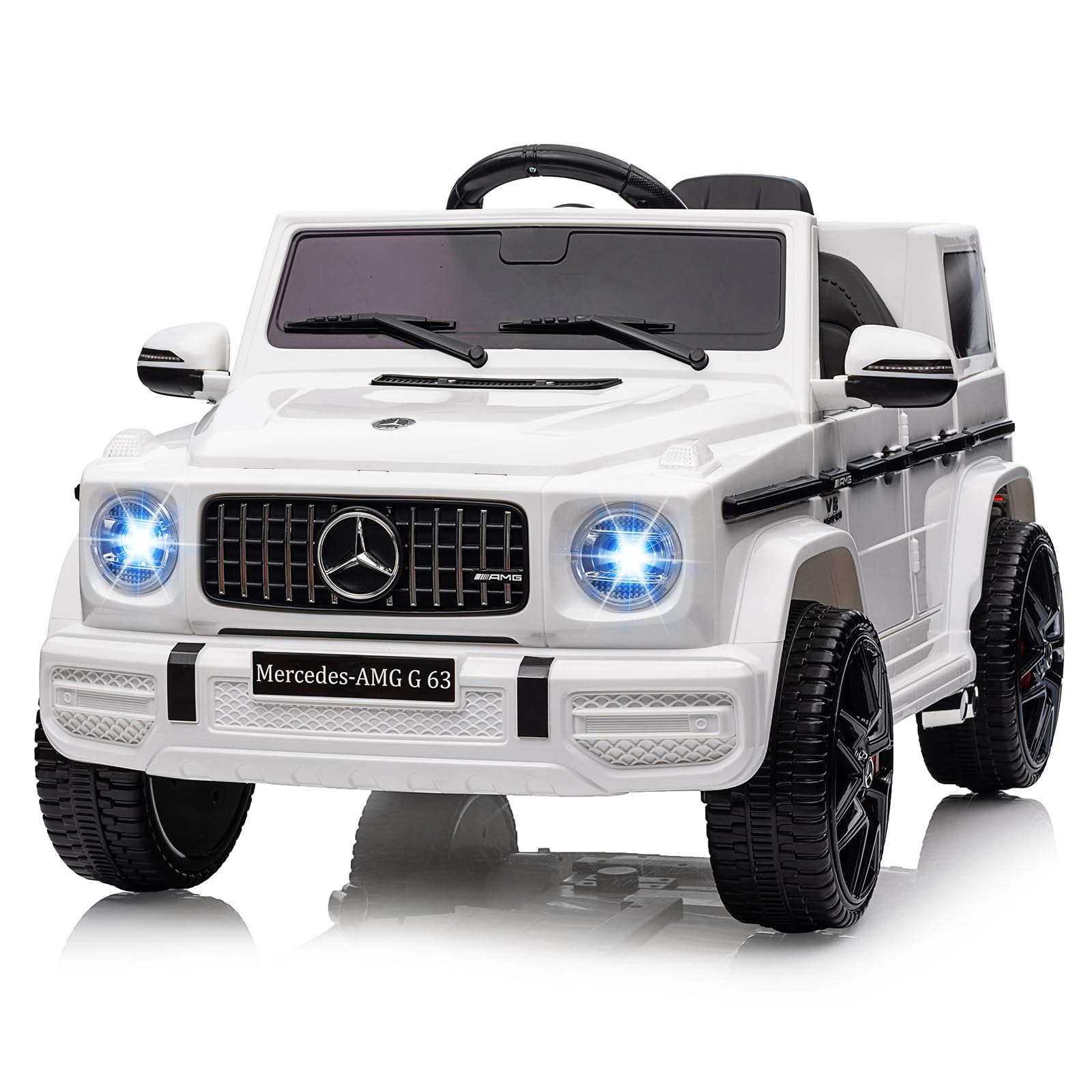 Garvee 12V Mercedes-Benz G63 Ride-On: Remote Control, Suspension, Soft Start, LED, Bluetooth, Music, 2x25W Motors - White