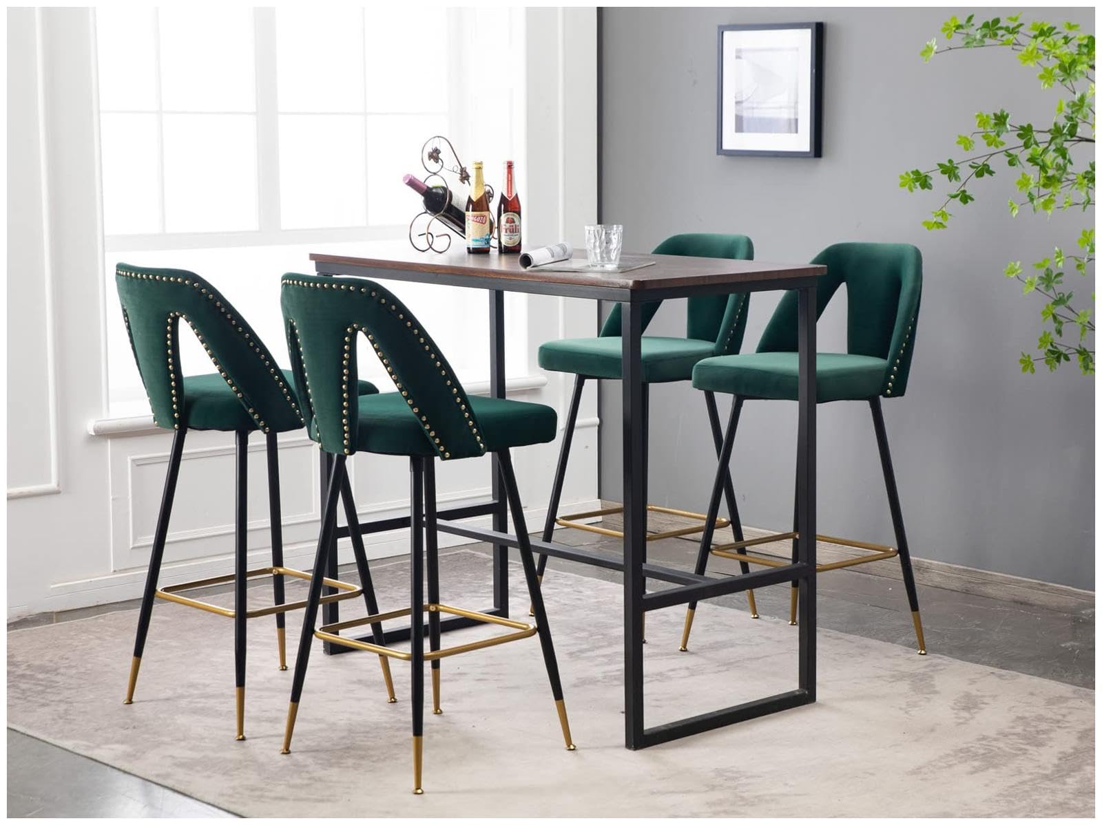Garvee Velvet Upholstered Bar Stools With Nail Head Decoration, Counter Height Pub Chairs, Green