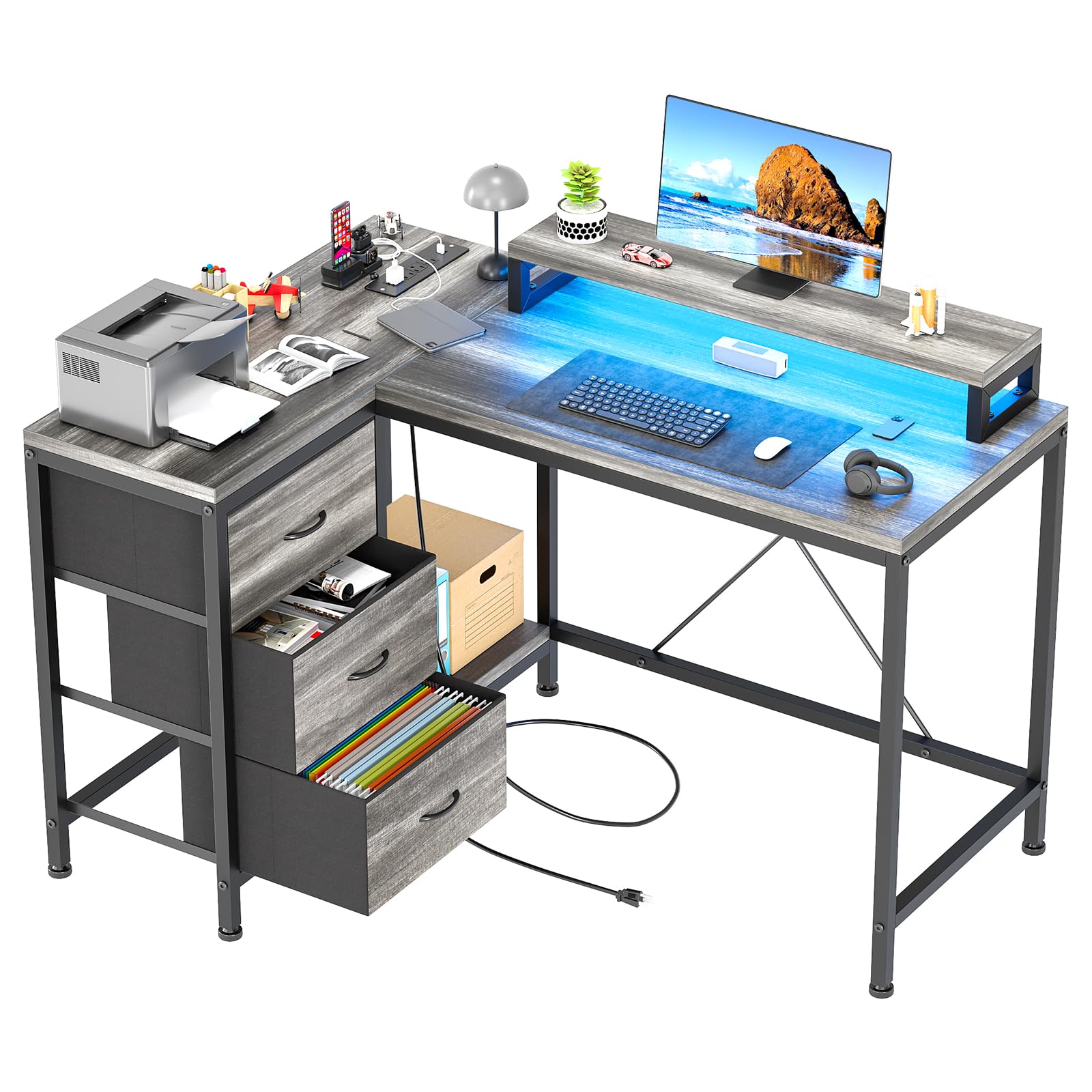 Garvee L Shaped Desk with Power Outlets & LED Lights, Computer Desk with Drawers & Shelves, Corner Desk Gaming Desk Home Office Desk, Oak