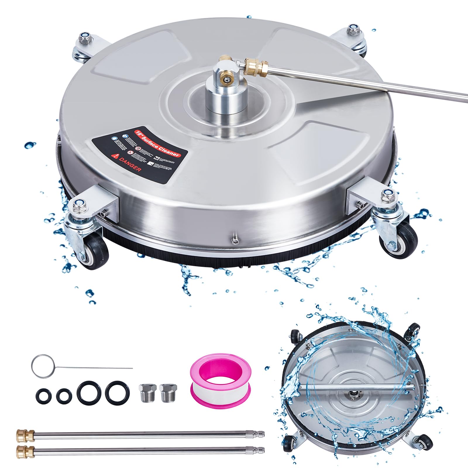 Garvee 18" Pressure Washer Surface Cleaner, Stainless Steel Power Washer Surface Cleaner with 4 Wheels, 2 Extension Wand, 1-4" Quick Plug, 2 Nozzles f