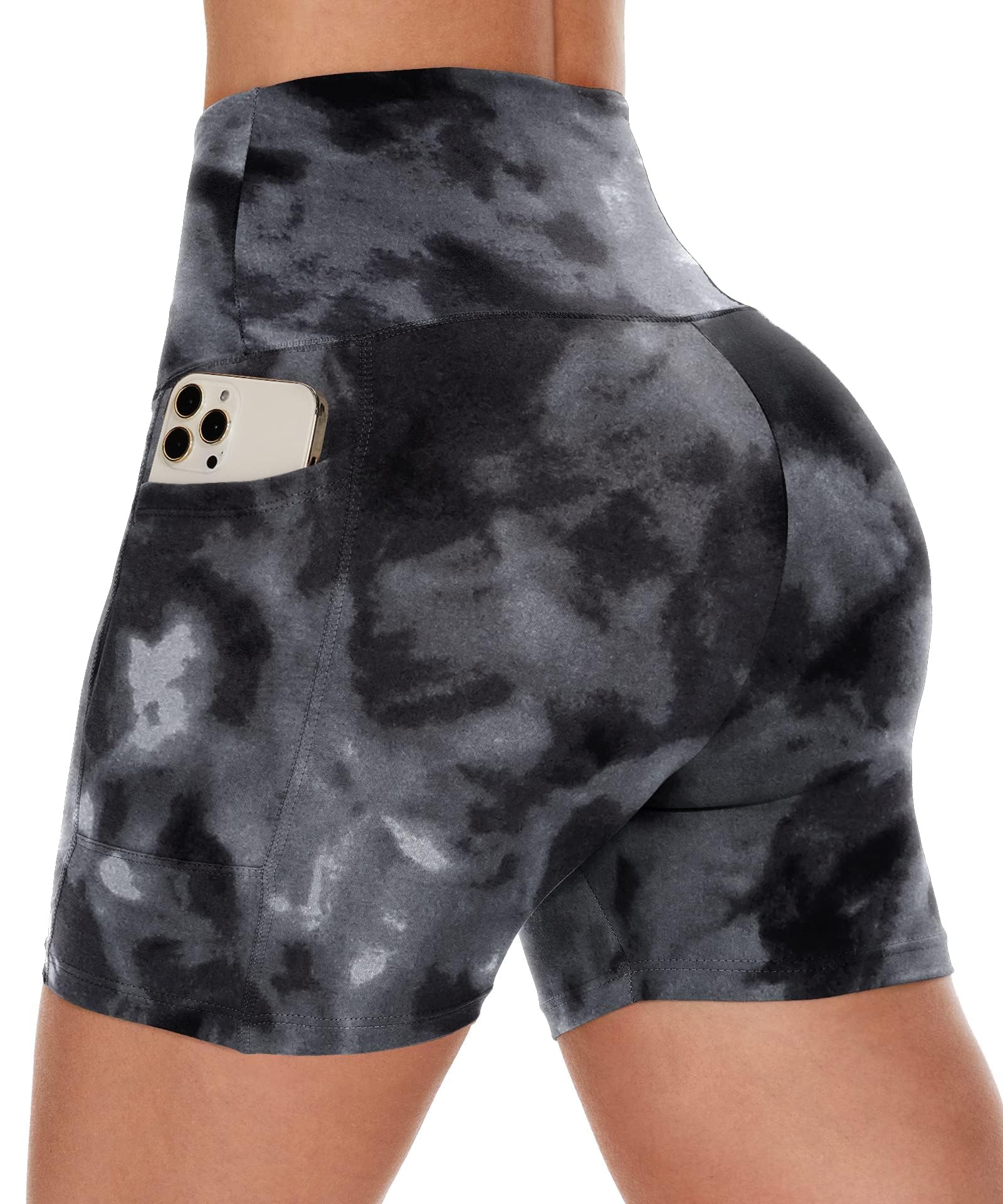 CAMPSNAIL Biker Shorts Women with Pockets - 3"-5"-8" High Waisted Workout Spandex Tummy Control Gym Running Yoga Shorts 5 IN Small-Medium Tie Dye Blac