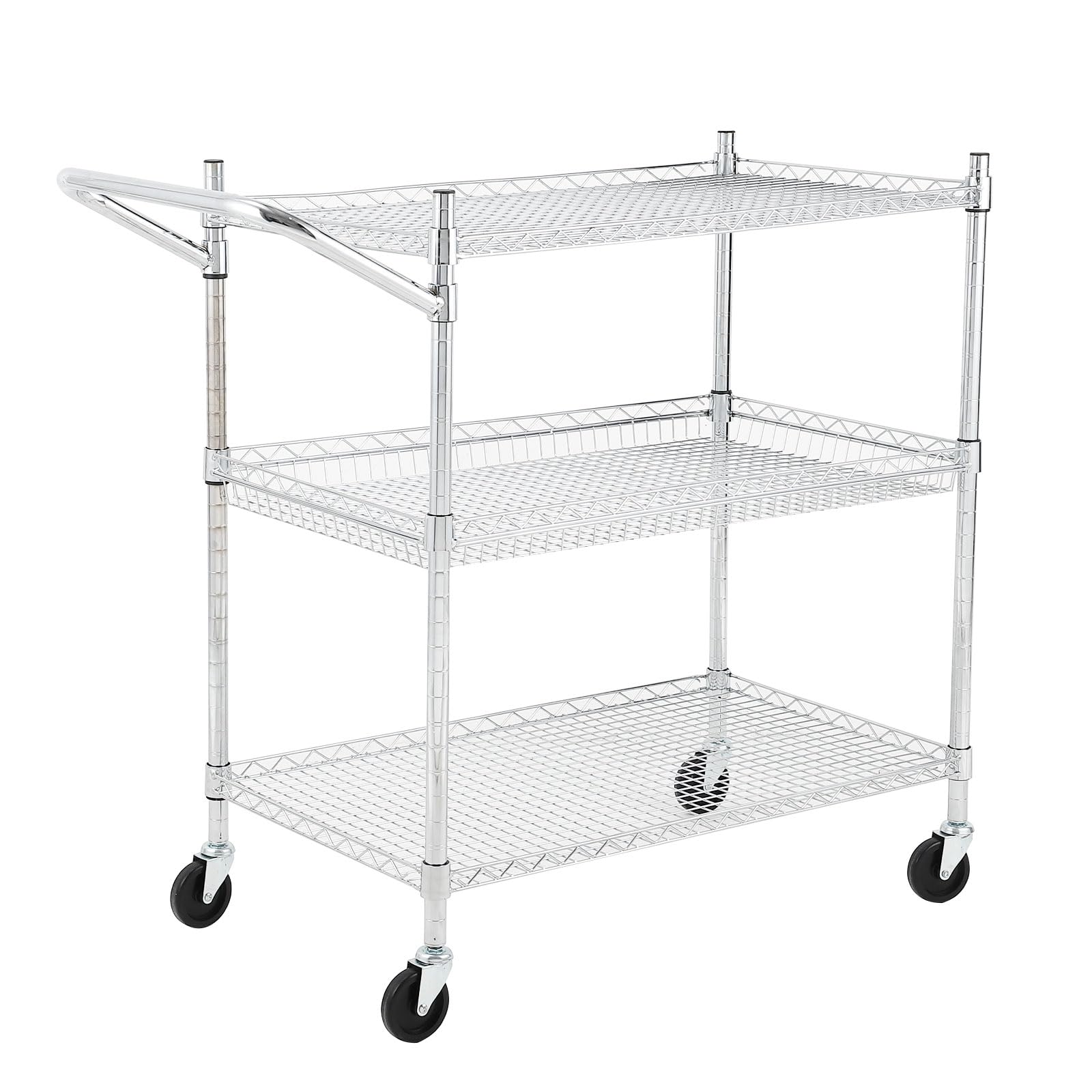 Garvee Commercial Grade Utility Cart - 3 Tires, Wire Rolling Cart with Handle Bar, Alloy Steel Food Storage Trolley, Low Handle