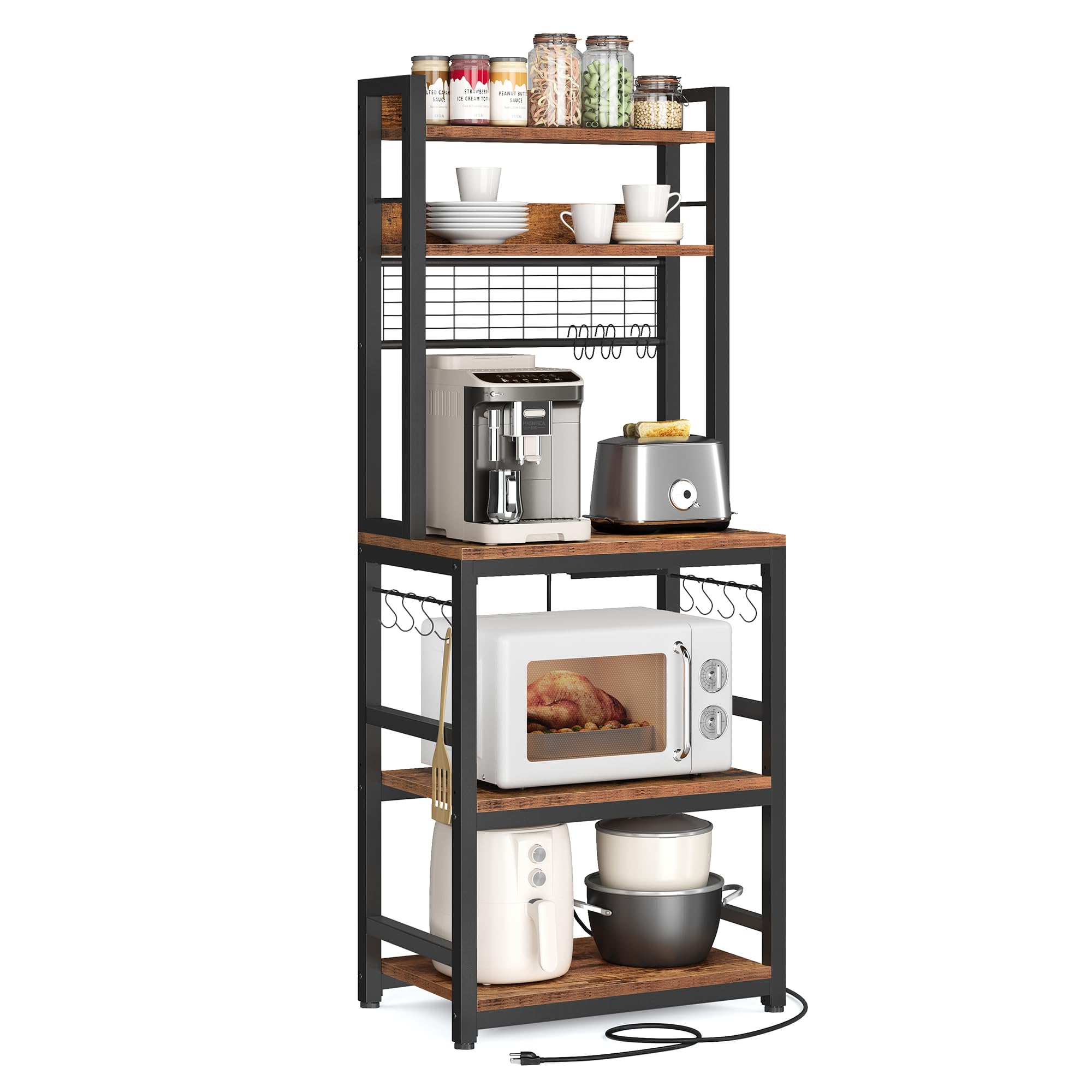VASAGLE Hutch Bakers Rack with Power Outlet, 14 Hooks Microwave Stand, Adjustable Coffee Bar with Metal Wire Panel, Kitchen Storage Shelf, 15.7 x 23.6