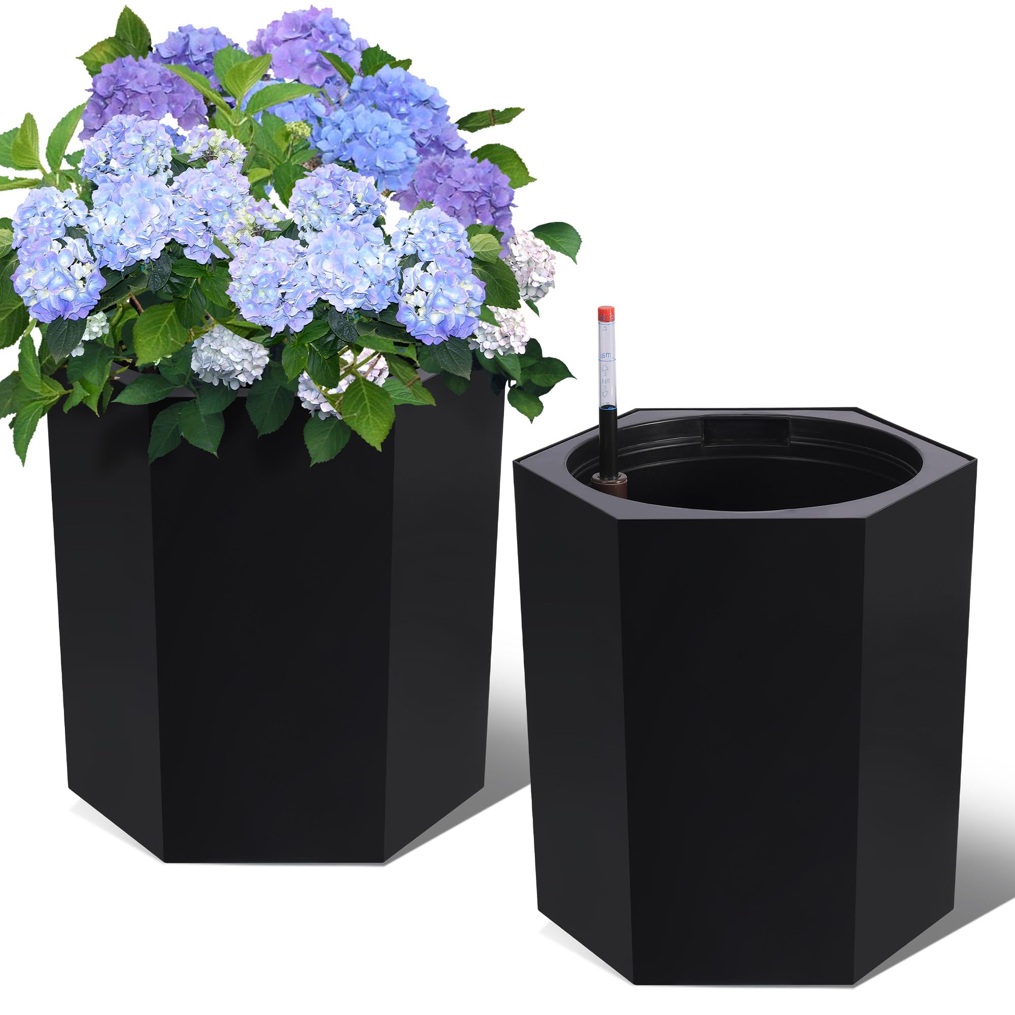 Garvee 16″ Tall Planters Outdoor Set of 2, Self Watering Indoor Plant Pots with Water Level Monitoring & Wheels & Water Outlet, Large Planter Pots for