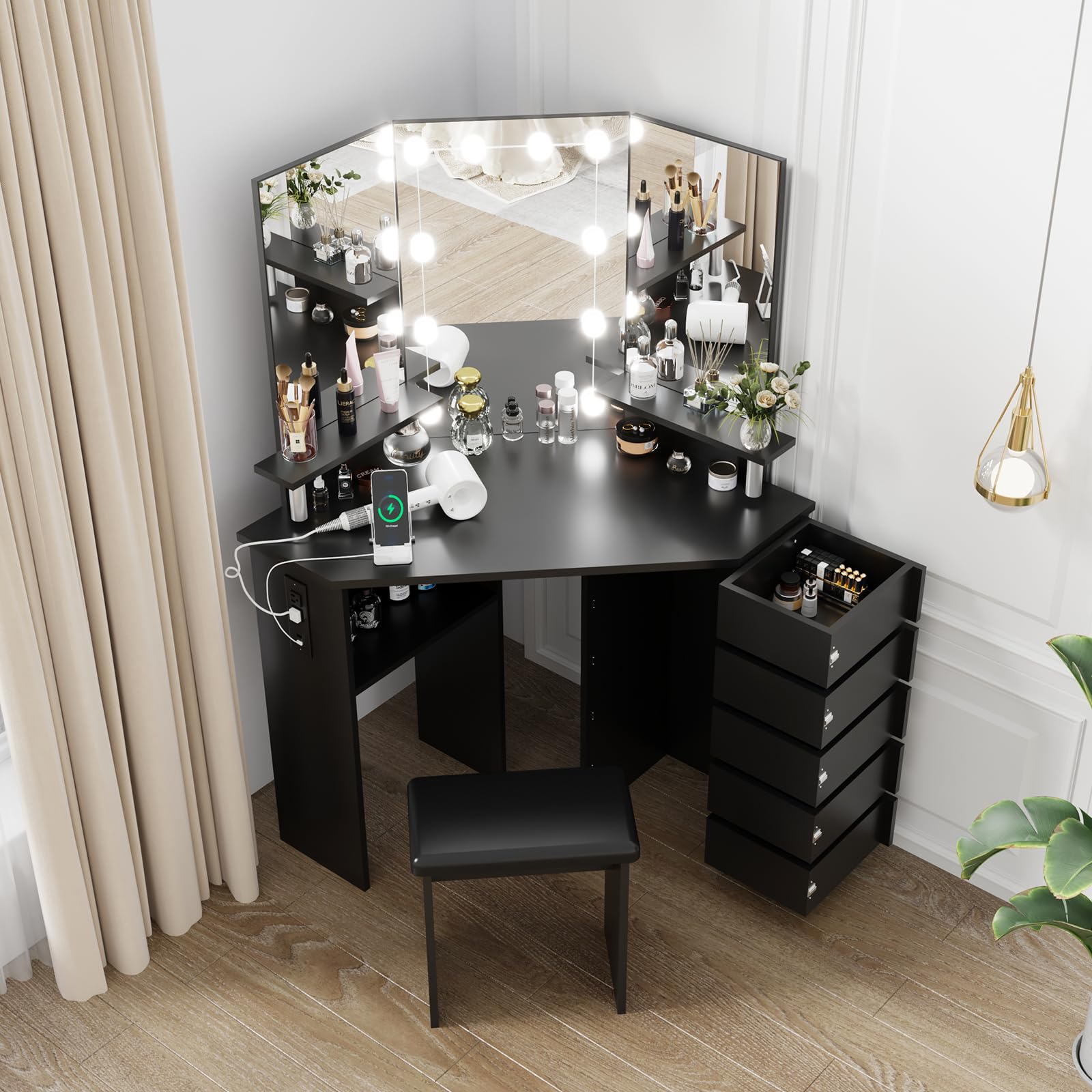 Garvee Corner Makeup Vanity Desk with Lights & Power Outlet - Spacious Tri-Folding Mirror, Adjustable Brightness, 5 Rotating Drawers, Ample Storage, S