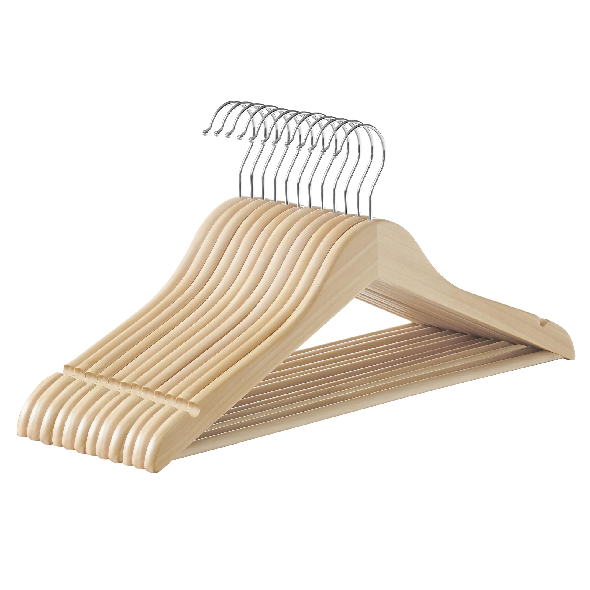 SONGMICS Wooden Hangers, Pack of 12, Coat Hangers, Non-Slip, Pants Bar, 360° Swivel Hooks, for Jackets, Shirts, Coats, Natural Wood UCRW010N12 12 Pac