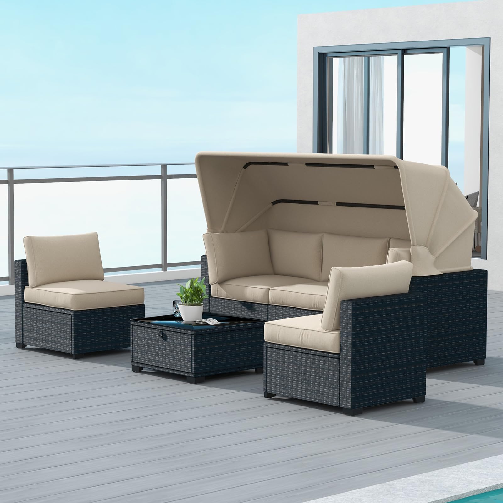 Garvee Patio Furniture Set, 6 Pieces Outdoor Wicker Furniture with Canopy, Outdoor Sectional Sofa and Table with Storage, Patio Conversation Sets for 